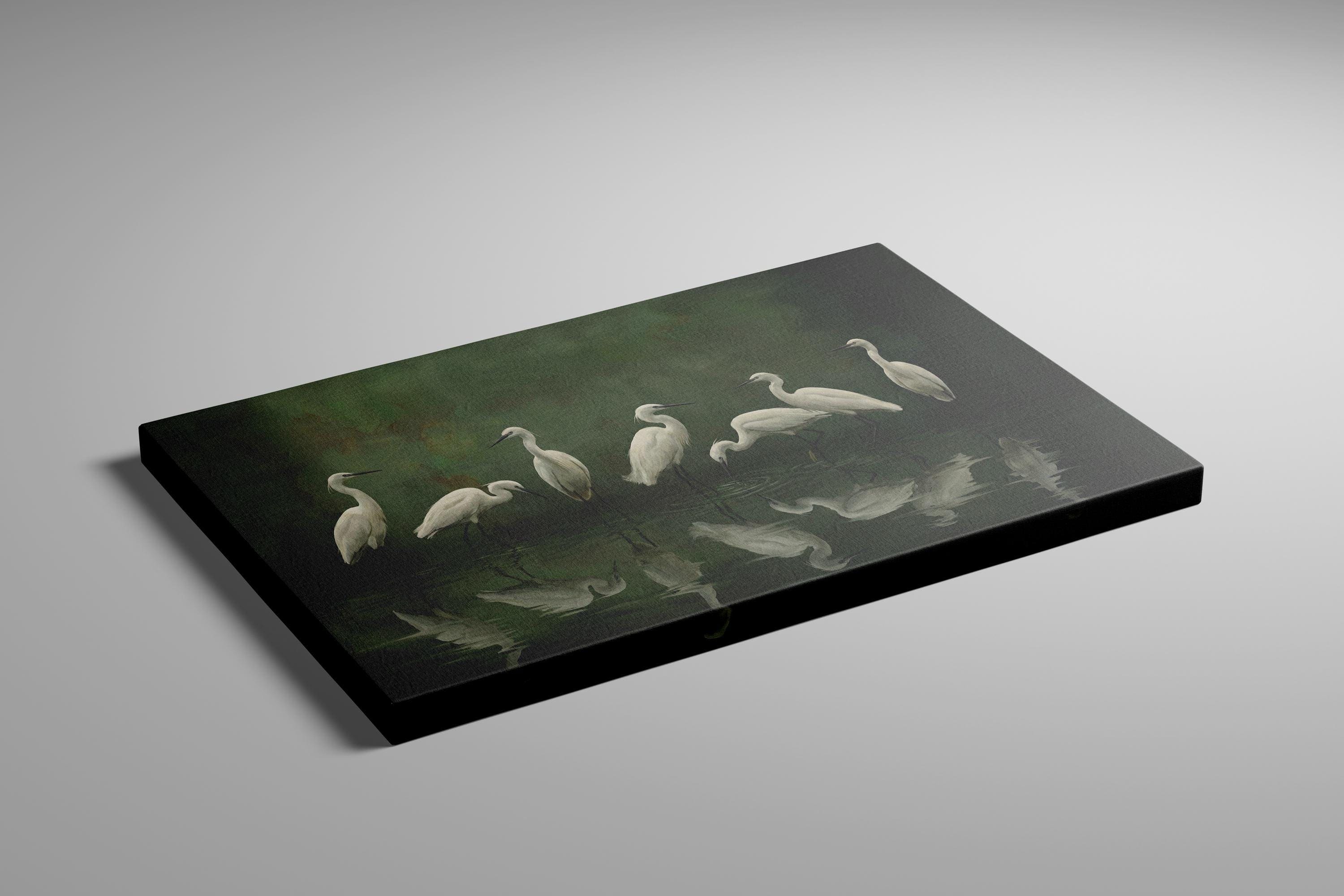 Nature Canvas Art, White Egret and Heron, Moody Green Swamp (Framed or Rolled)