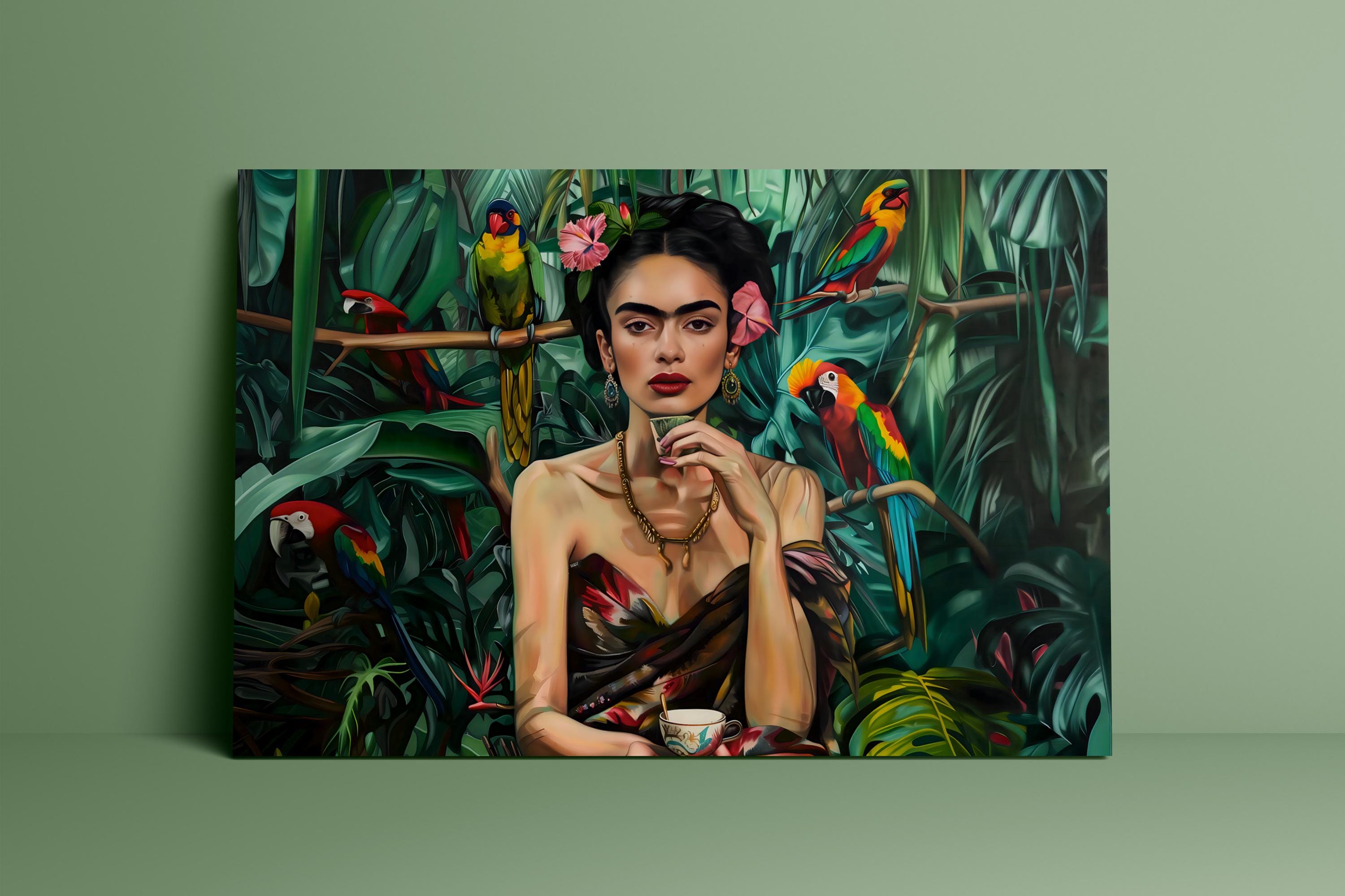 Tropical Goddess: Vibrant Jungle Portrait with Parrots | Exotic Floral Wall Art Decor