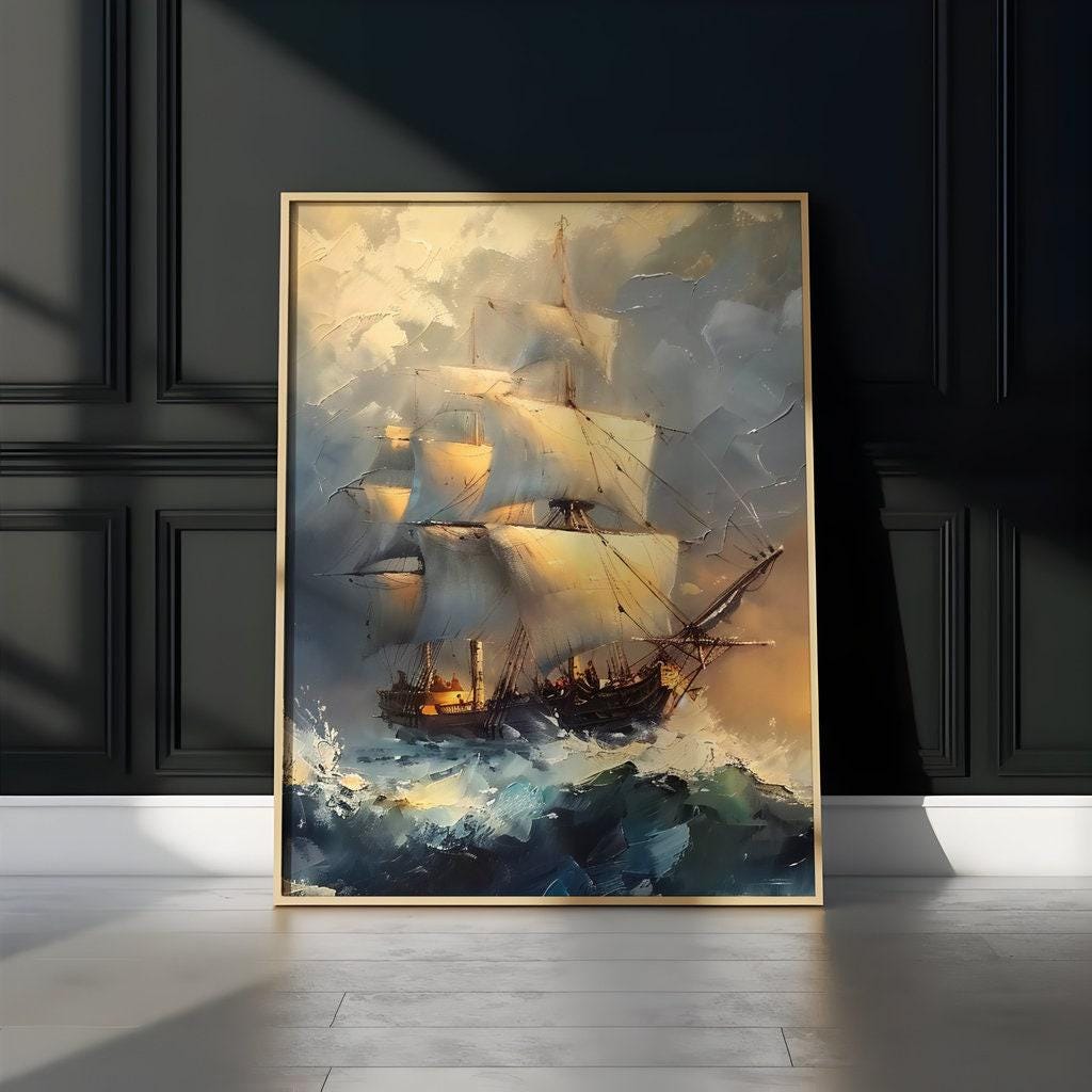 The Unconquered: Classical Stormy Sea Ship Painting | Dramatic Nautical Adventure Art
