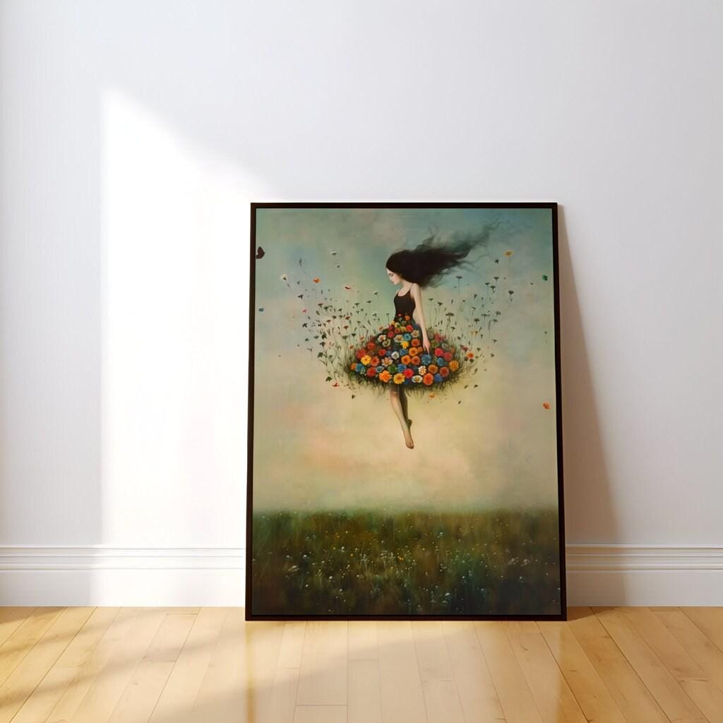 The Ascension: Surreal Woman Floating in a Vortex of Flowers | Fantastical & Ethereal Wall Art