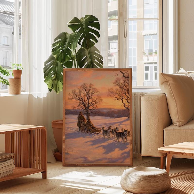 Winter Sledding Art: Husky Team in Snow (Canvas or Paper Prints)