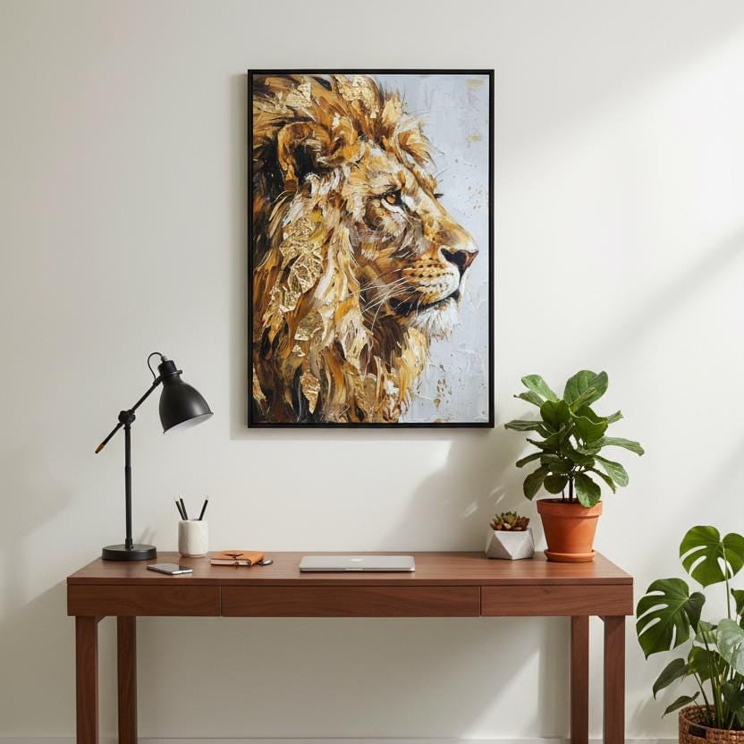 a wooden desk with a laptop, a lamp, and a framed painting of a lion's head on the wall above it.