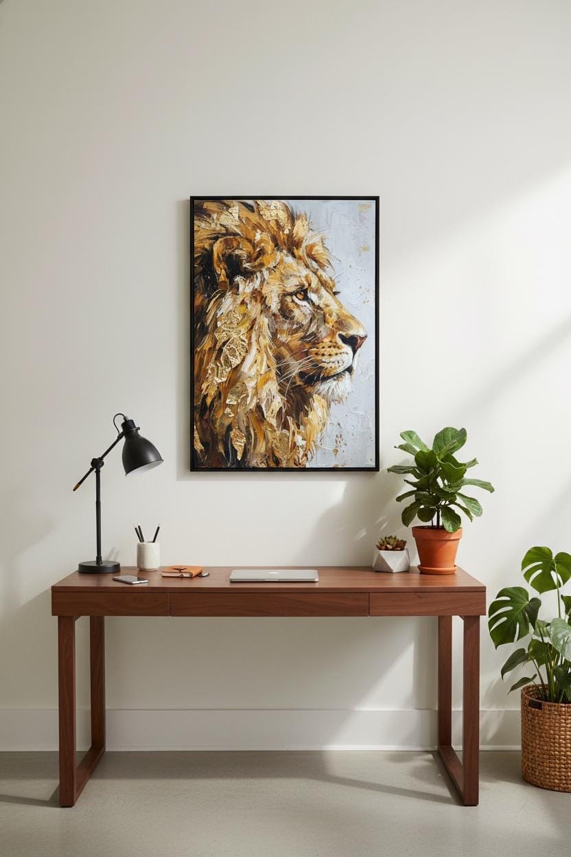 a wooden desk with a laptop, a lamp, and a framed painting of a lion's head on the wall above it.