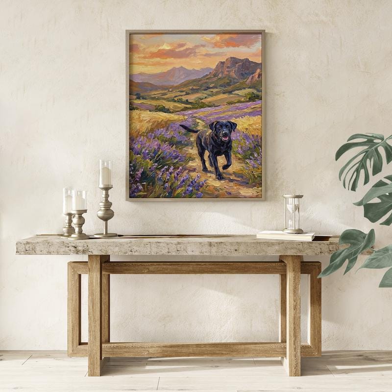 Black Labrador Canvas Art, Lavender & Wheat Field Landscape (Ready to Hang)