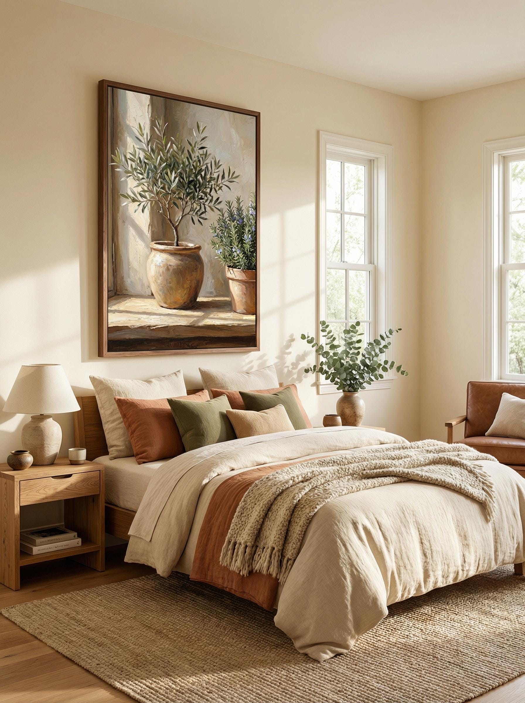 Olive Tree Art Print: Plants and Pots, Beige Tones
