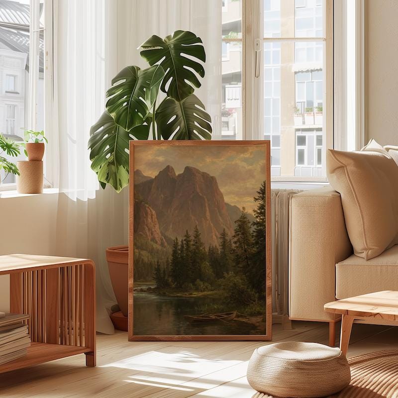 Vintage Mountain Lake Art: Rustic Cabin Landscape in Warm Earth Tones