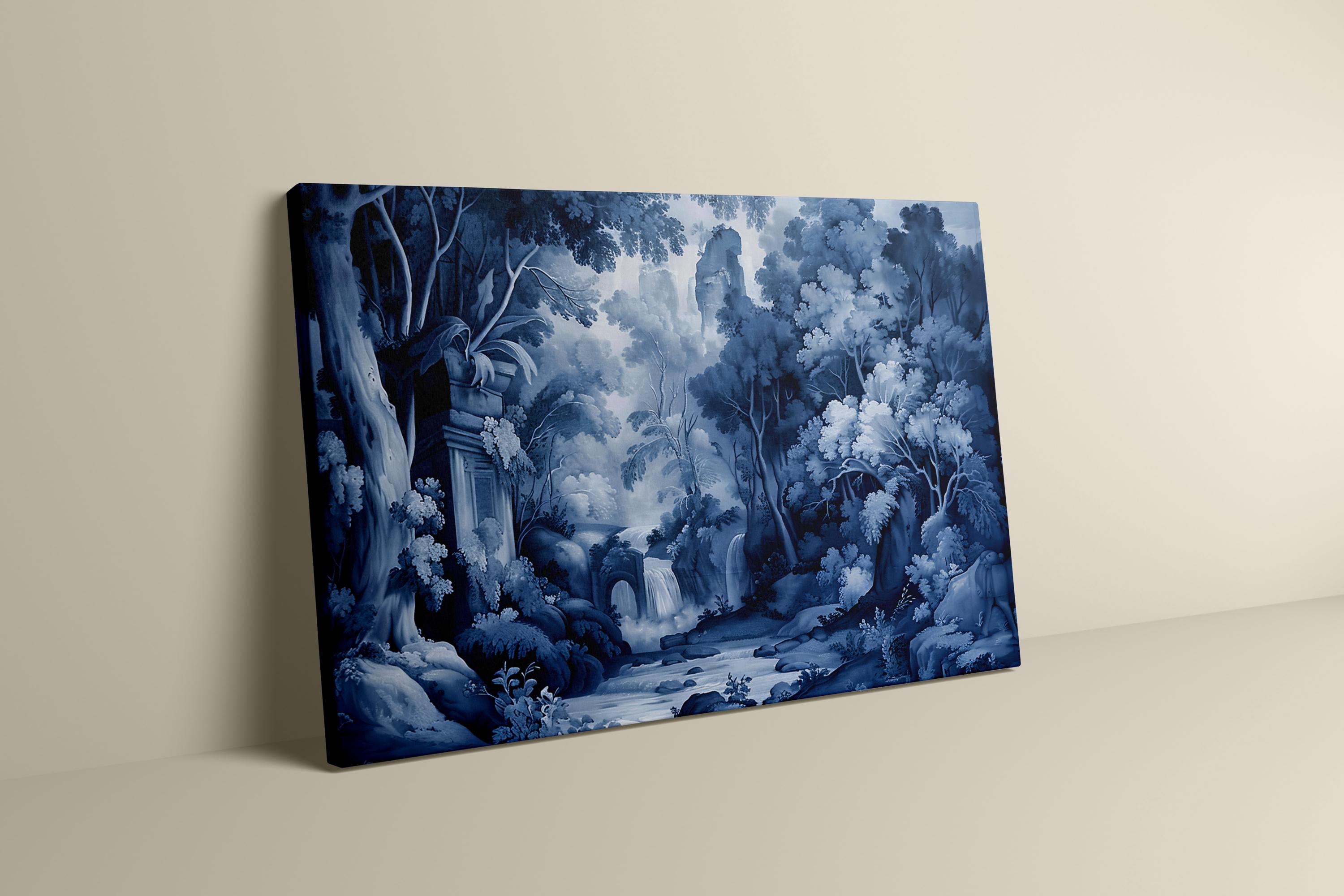 Ethereal Echoes: Blue Monochrome River & Ruins Landscape | Moody & Romantic Wall Art