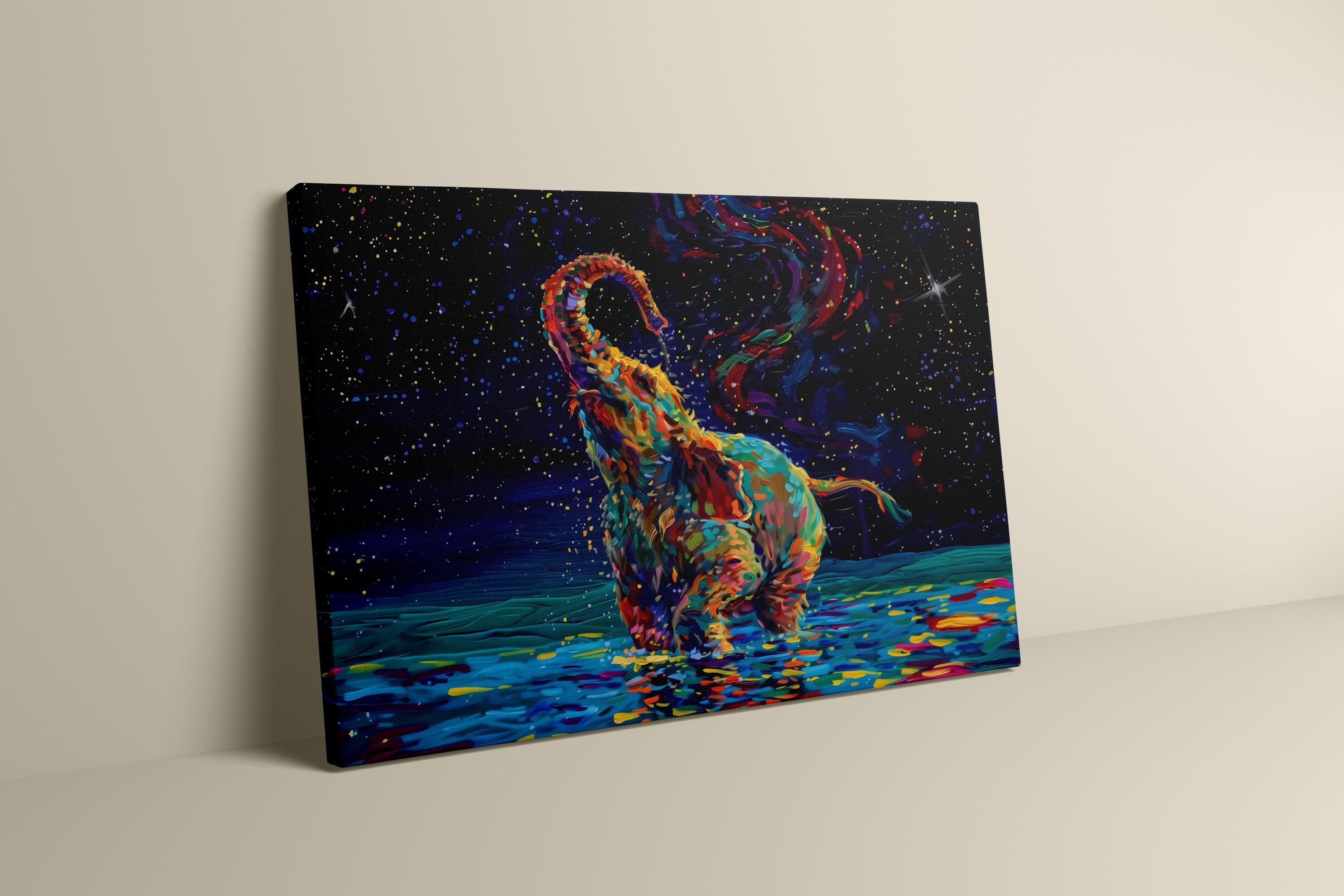 Cosmic Elephant: Fantastical Blue & Colorful Animal Art | Surreal Space Wall Decor