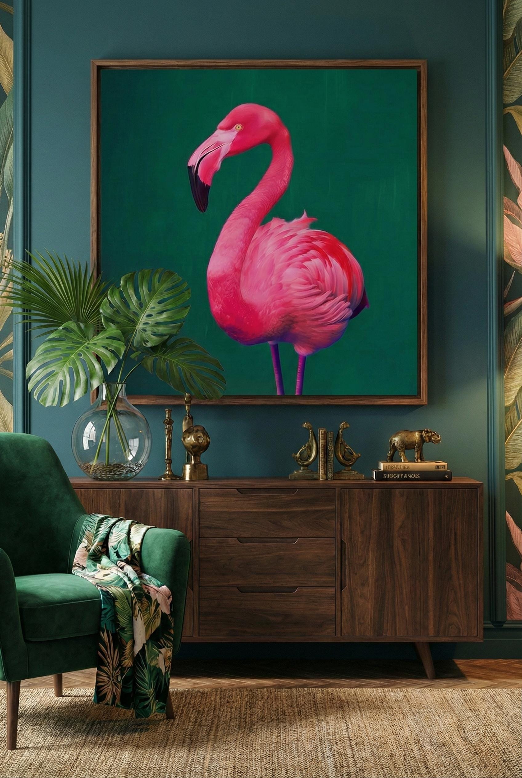 Bright Pink Flamingo Wall Art - Neon Colors with Emerald Green Background