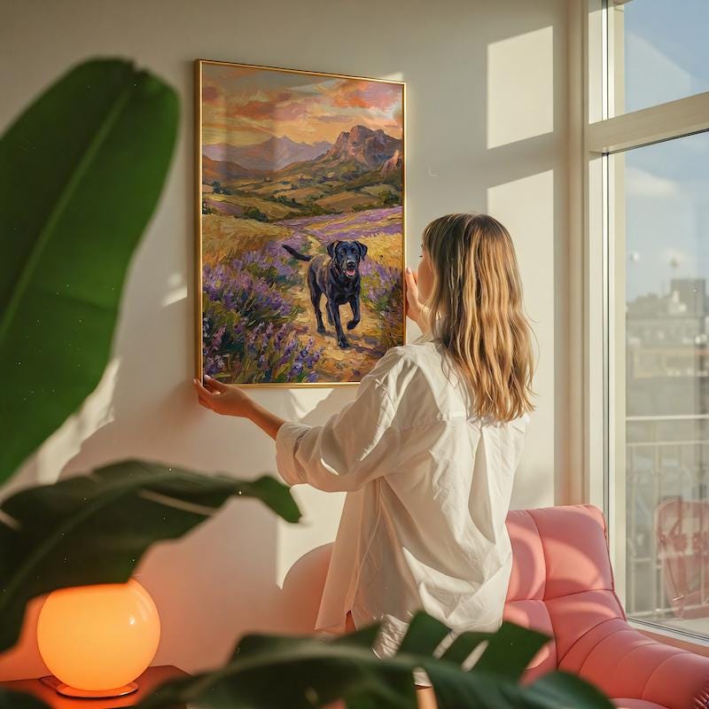 Black Labrador Canvas Art, Lavender & Wheat Field Landscape (Ready to Hang)