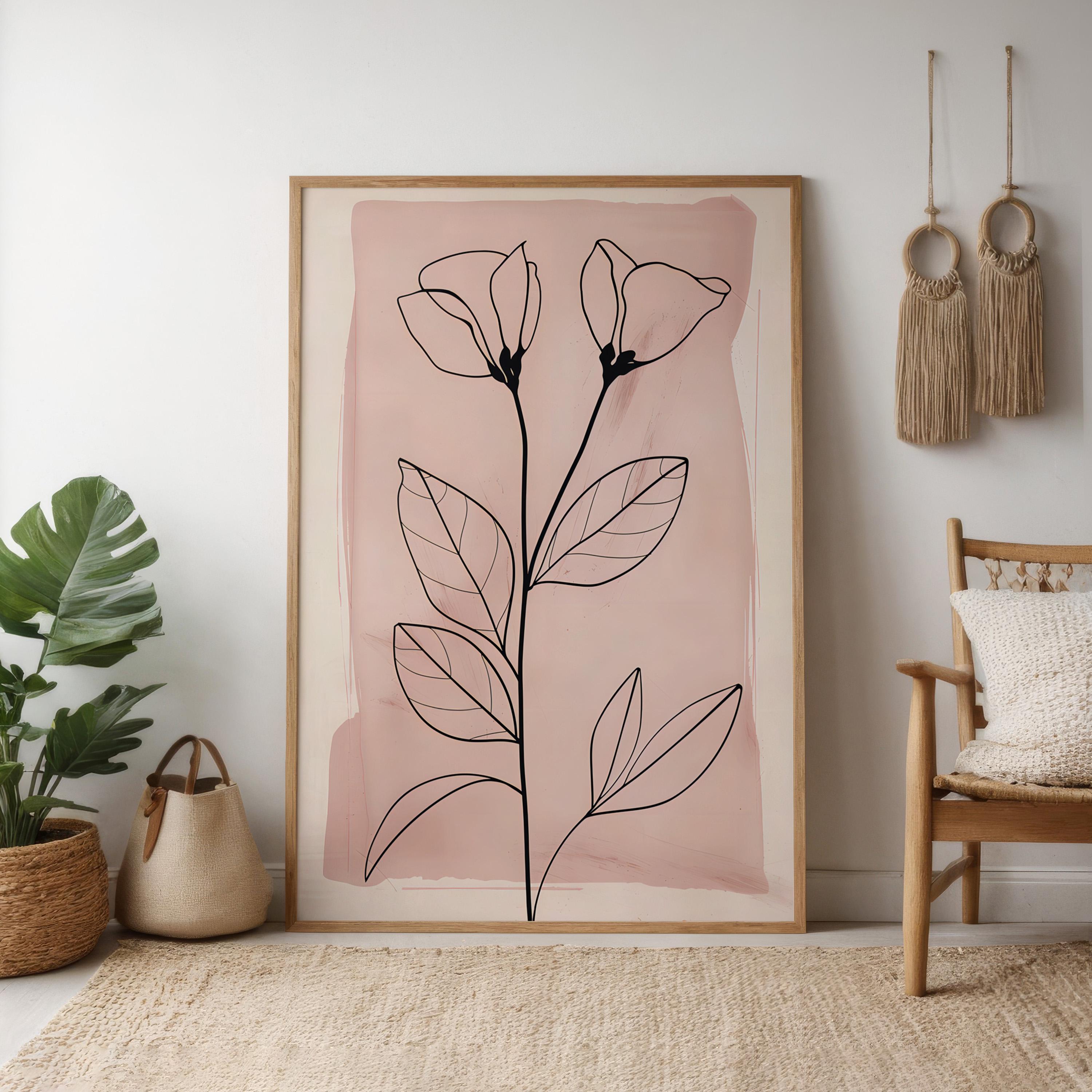 Blushing Botanicals: Elegant Pink Line Art Print | Chic & Minimalist Floral Wall Decor