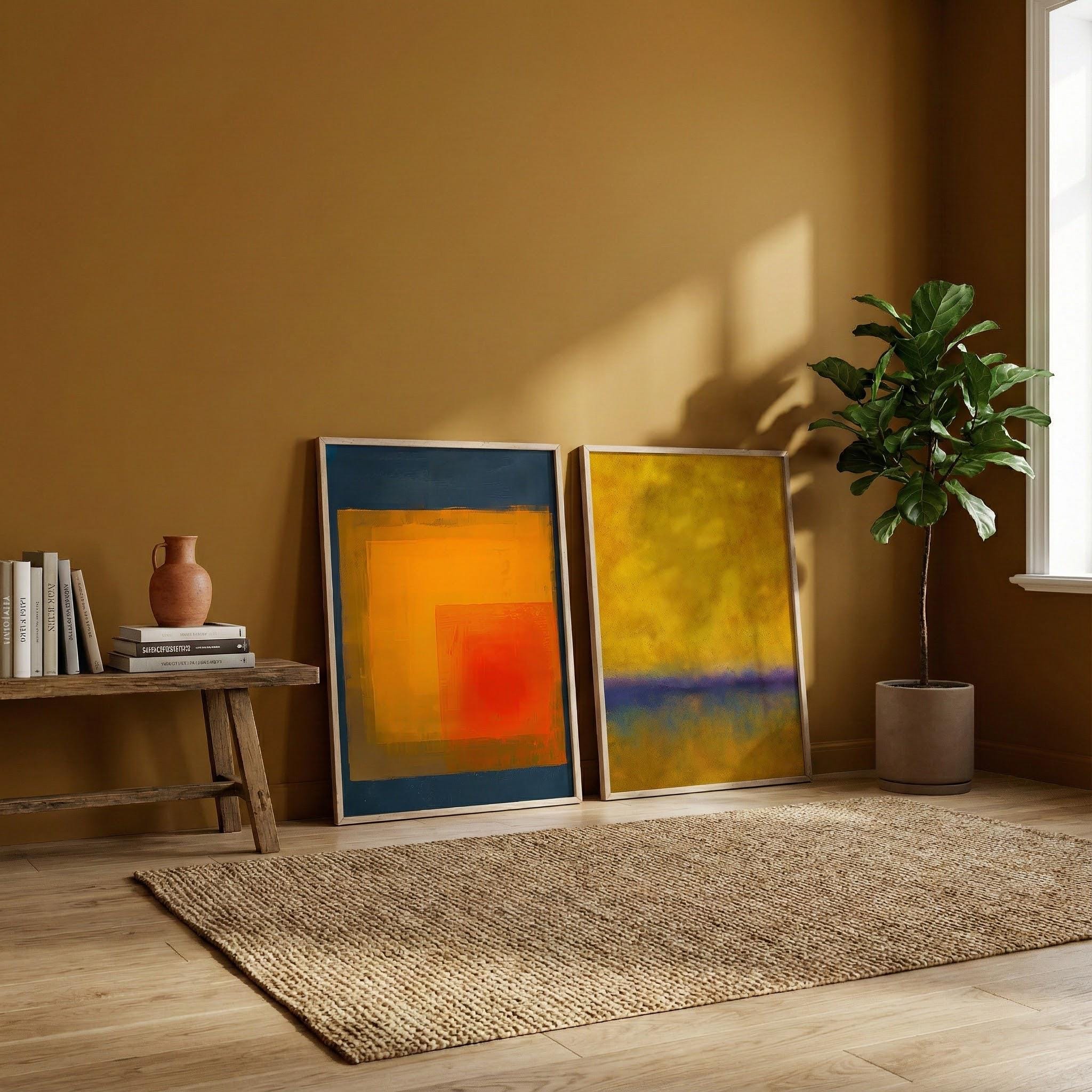 Minimalist Abstract Art Set - Warm Style in Yellow and Indigo