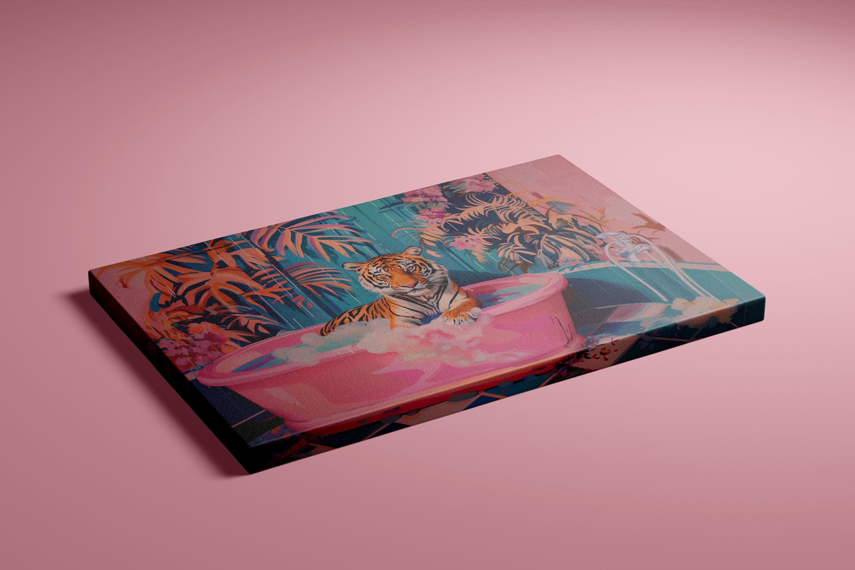 Chic Tiger Wall Art: Pink Bathtub, Maximalist Bathroom Decor
