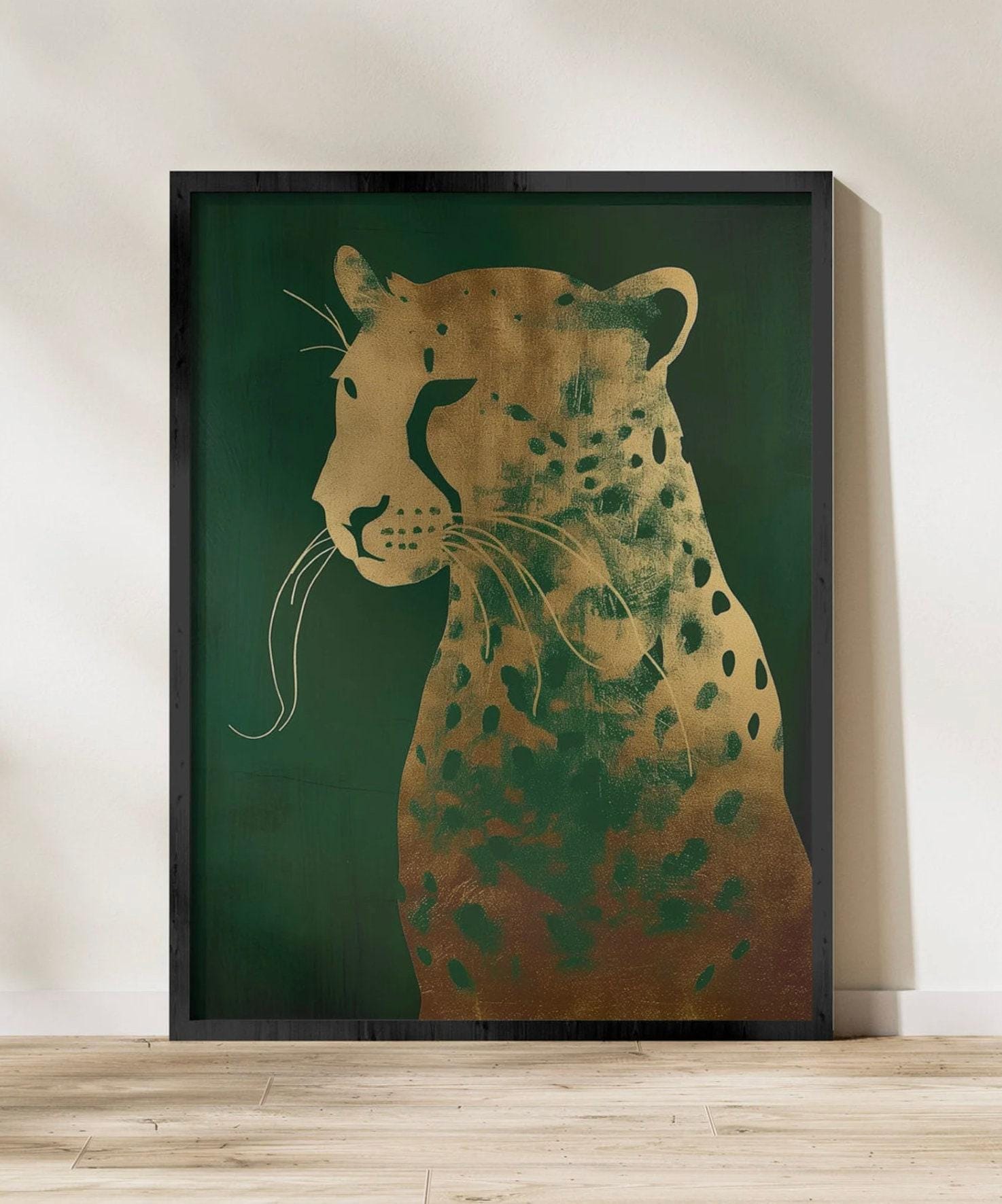 Green and Gold Leopard Art: Maximalist Emerald Wall Decor