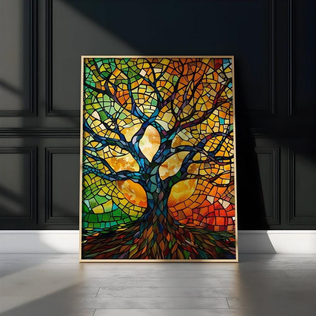Abstract Mosaic Tree Wall Art - Bright Stained Glass Colors