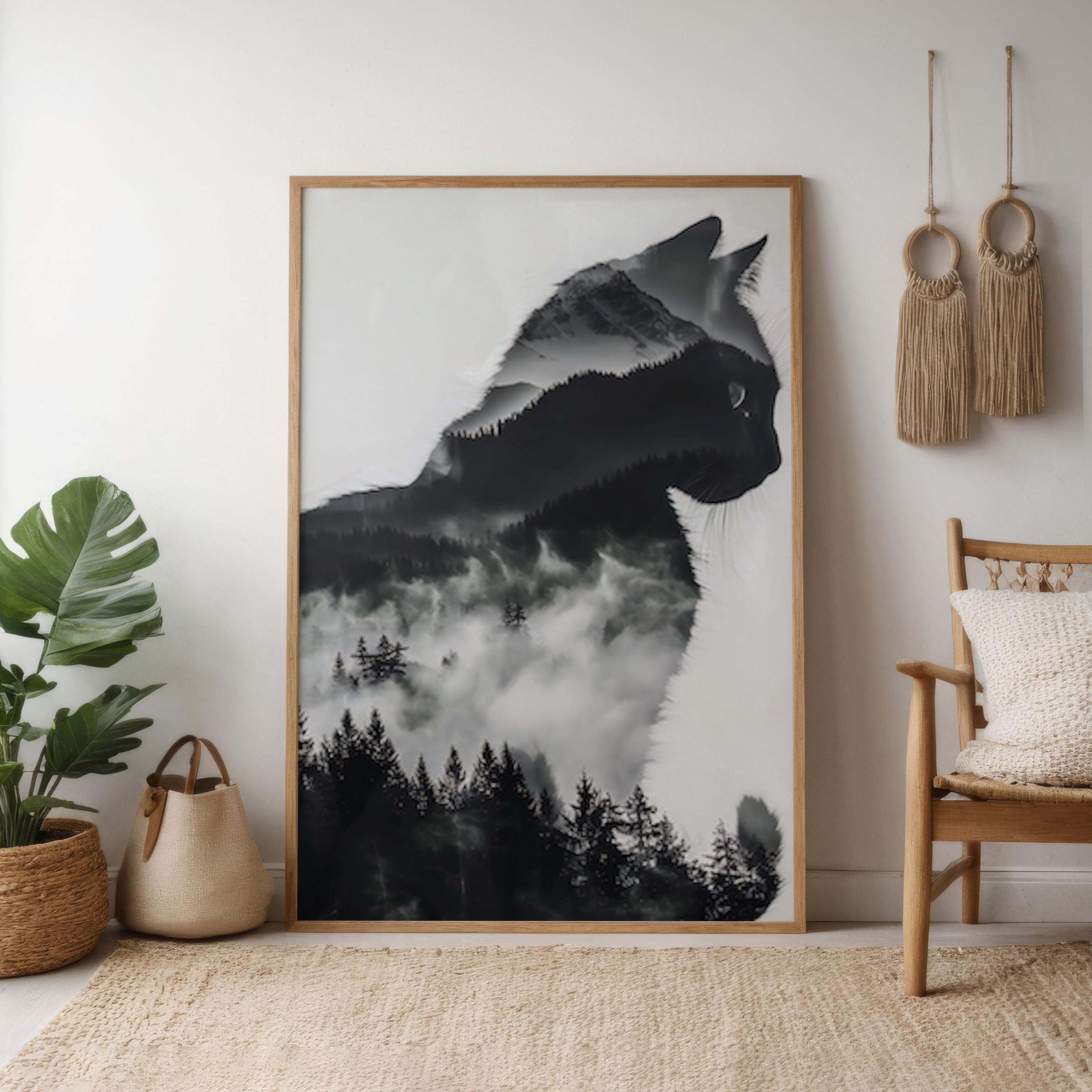 Mountain Soul: Surreal Cat & Forest Double Exposure Art | Mystical Black & White Decor