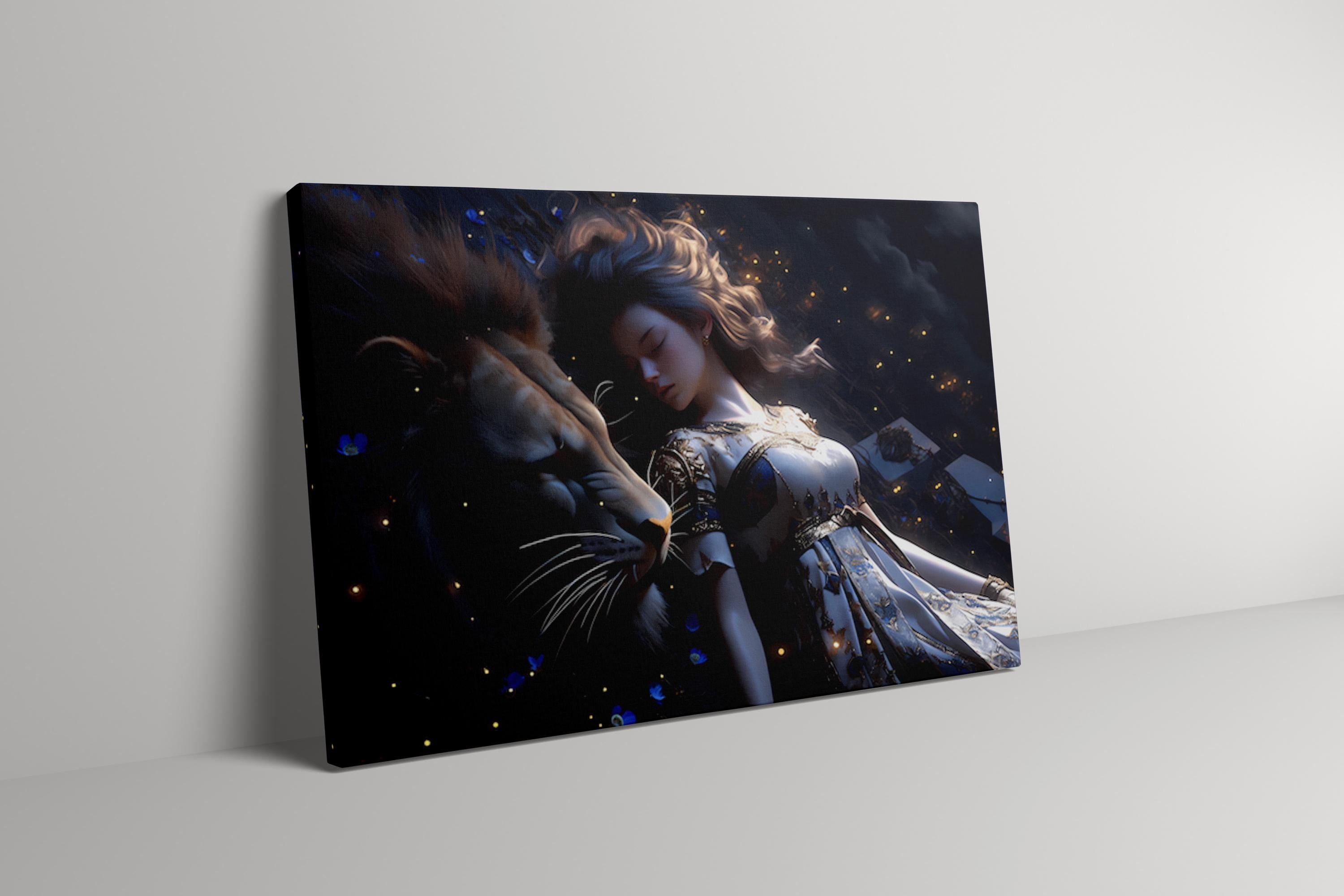 The Moonlit Guardian: Surreal Lion and Woman Art | Mystical & Serene Dreamscape Decor