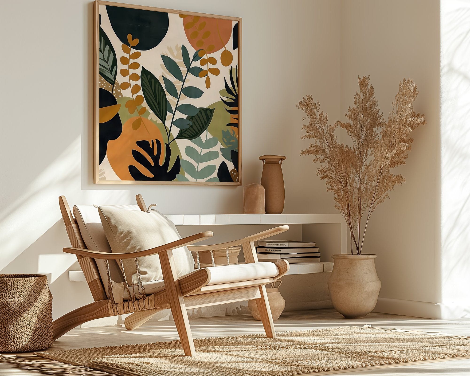 Boho Tropical Leaves Canvas, Mid-Century Modern Style (Ready to Hang)