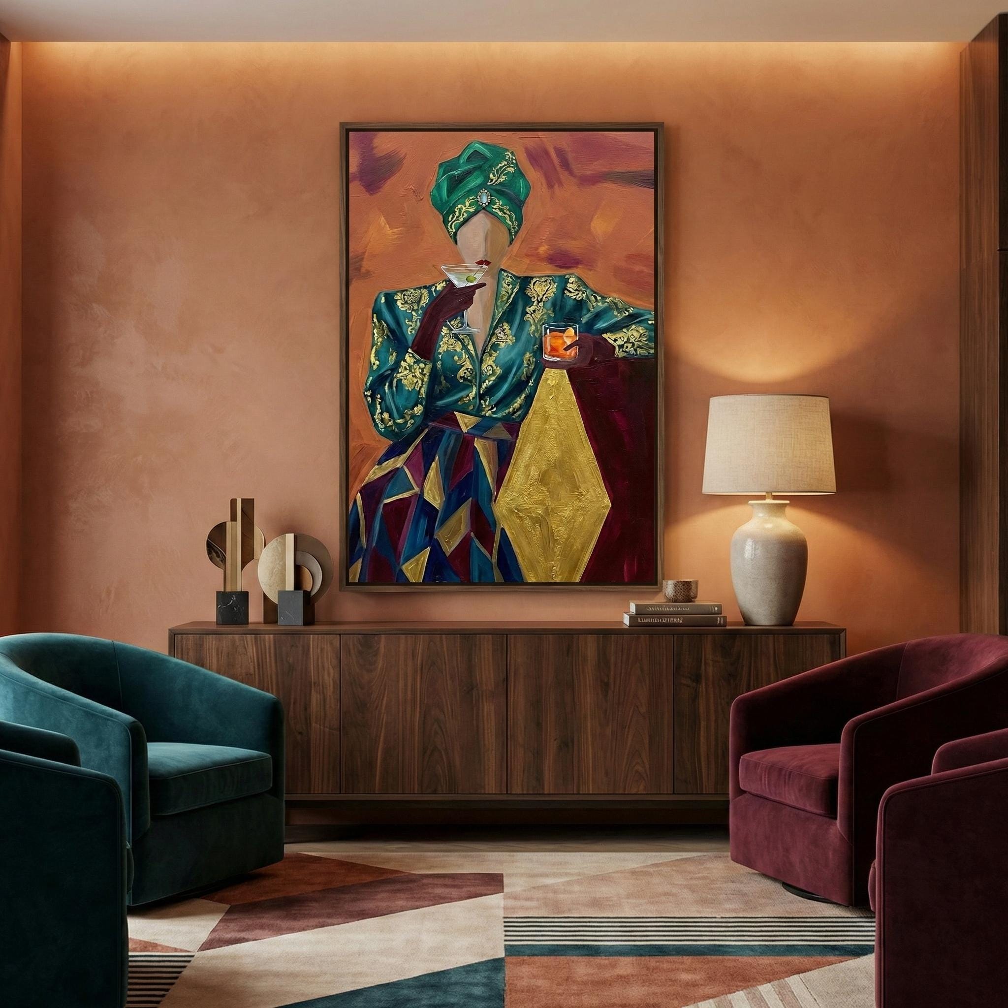 Emerald Turban Cocktail Woman Art - Abstract Vintage Style Print