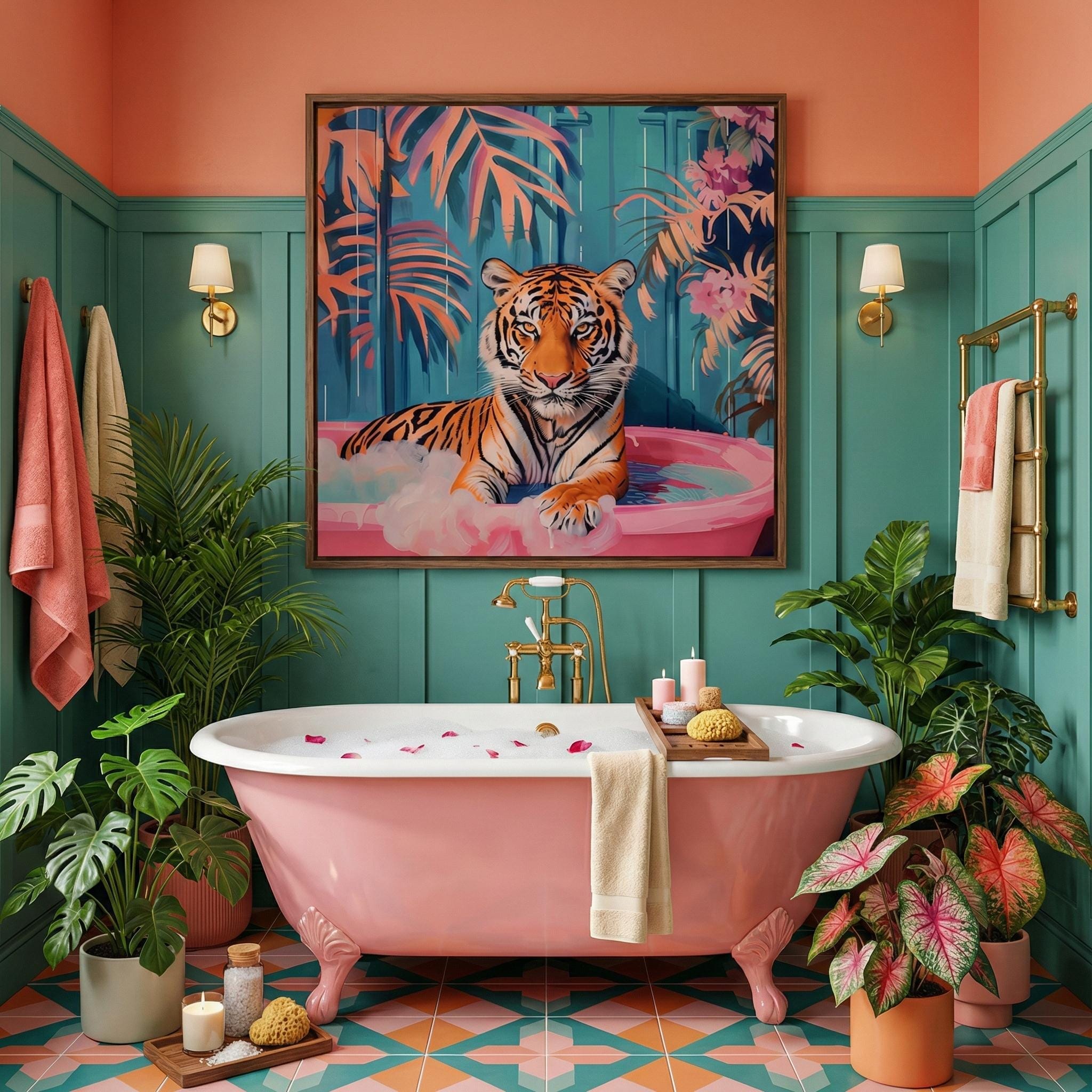 Chic Tiger Wall Art: Pink Bathtub, Maximalist Bathroom Decor