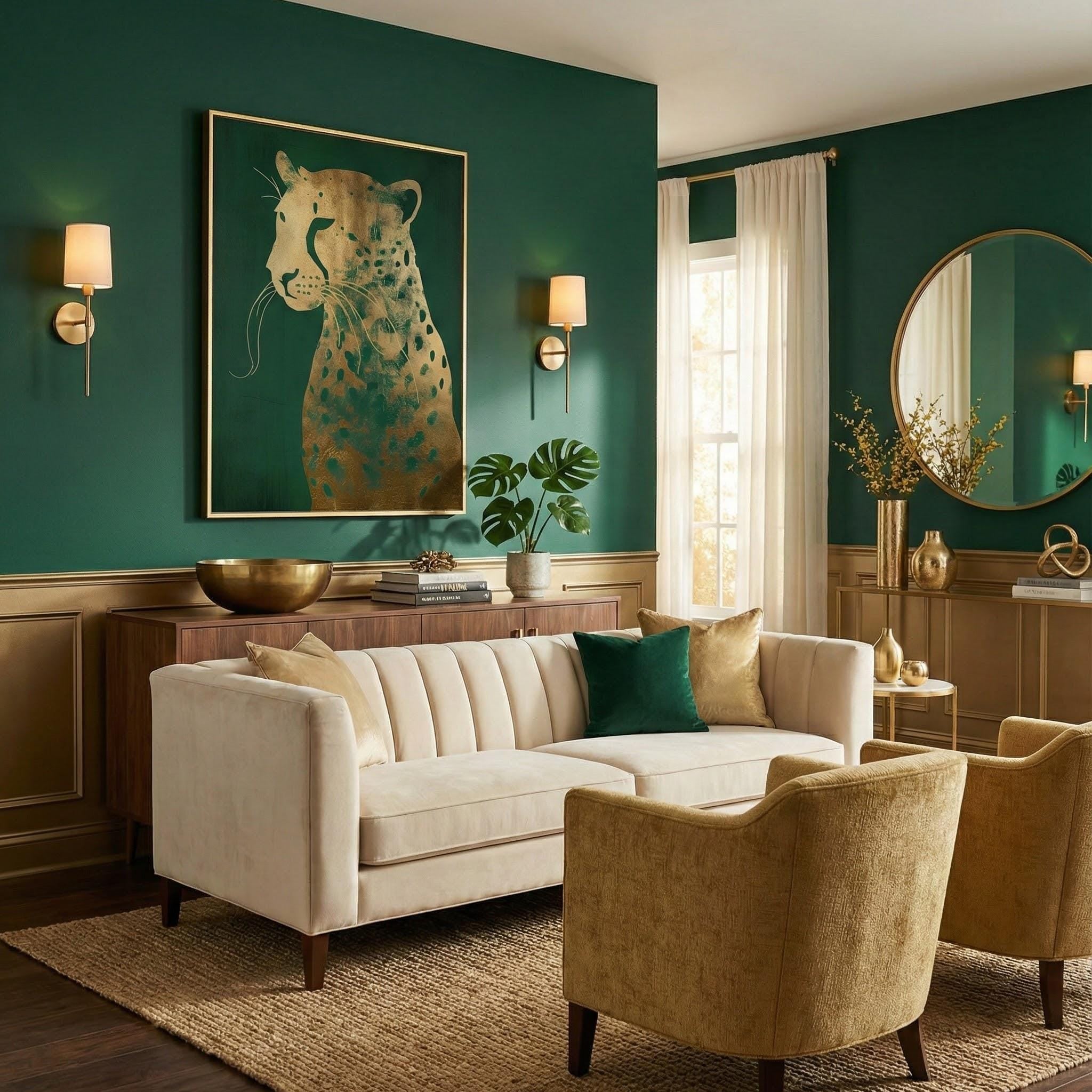 Emerald Green Leopard Canvas, Gold Accents (Ready to Hang)