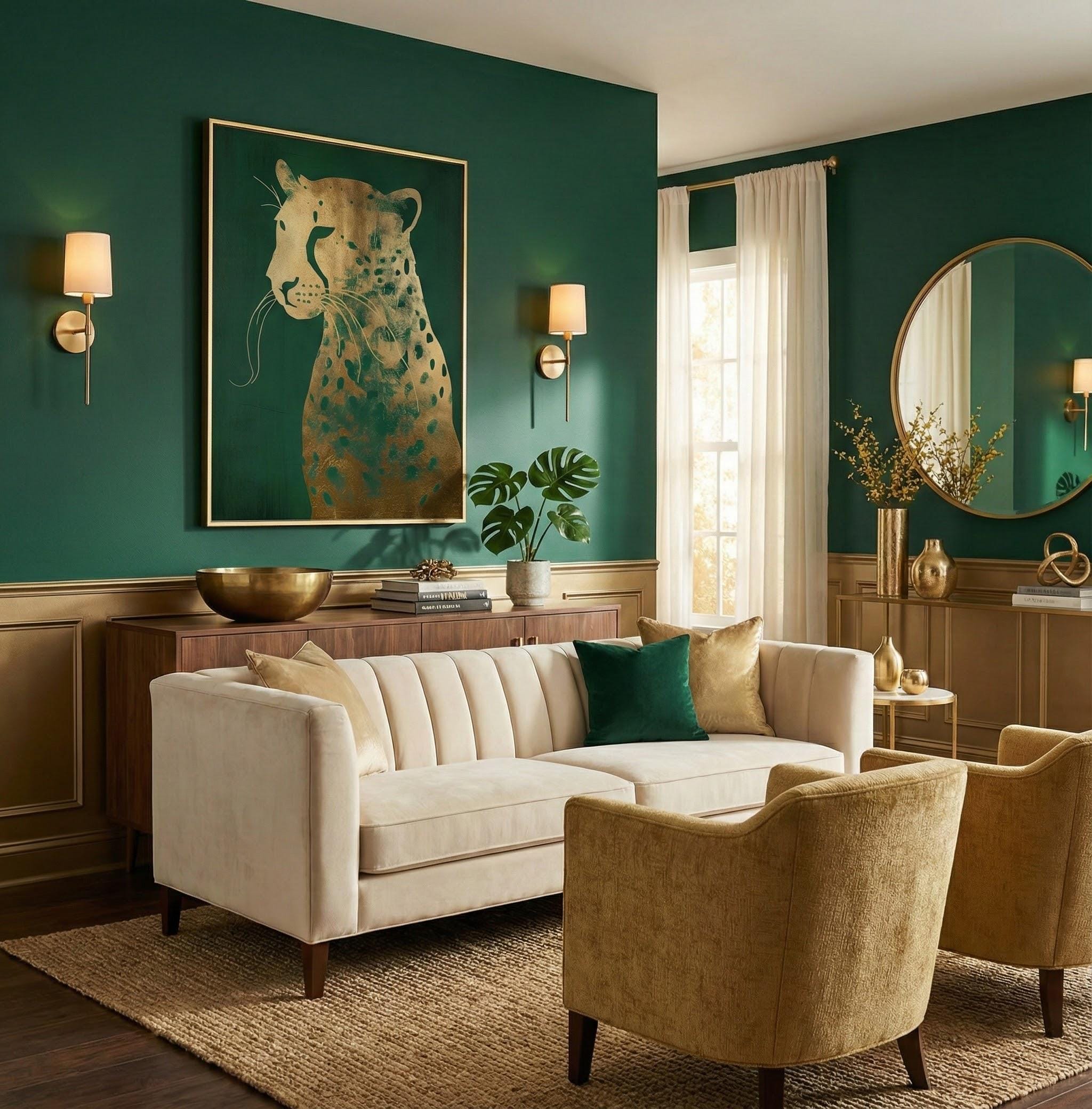 Emerald Green Leopard Canvas, Gold Accents (Ready to Hang)