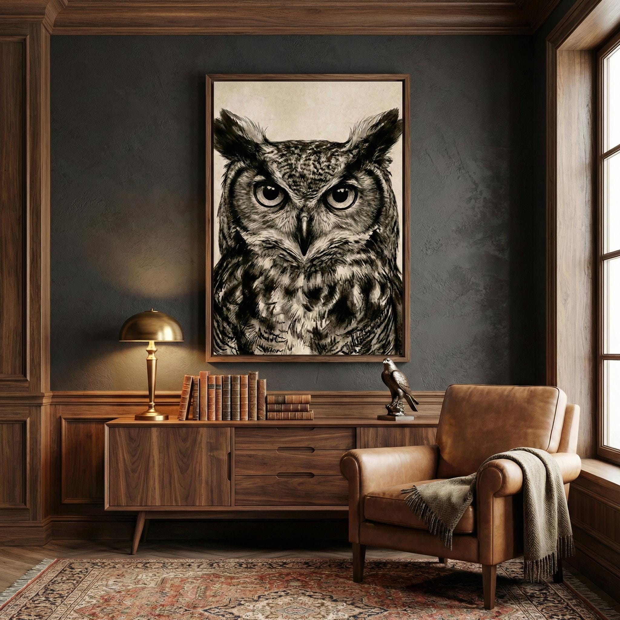Great Horned Owl Wall Art: Rustic Charcoal Sketch - Nature Inspired