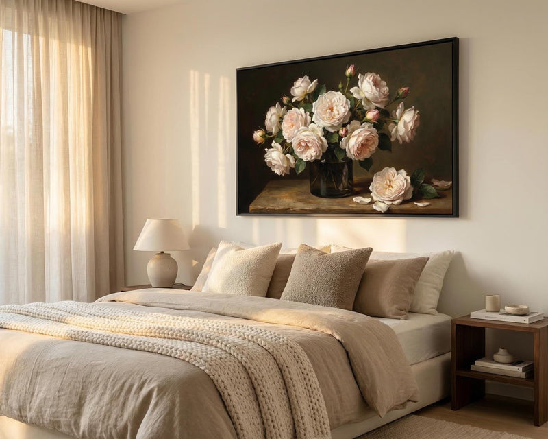 Vintage White Rose Bouquet Oil Painting Moody Floral Still Life Wall Art Dark Academia Flower Art