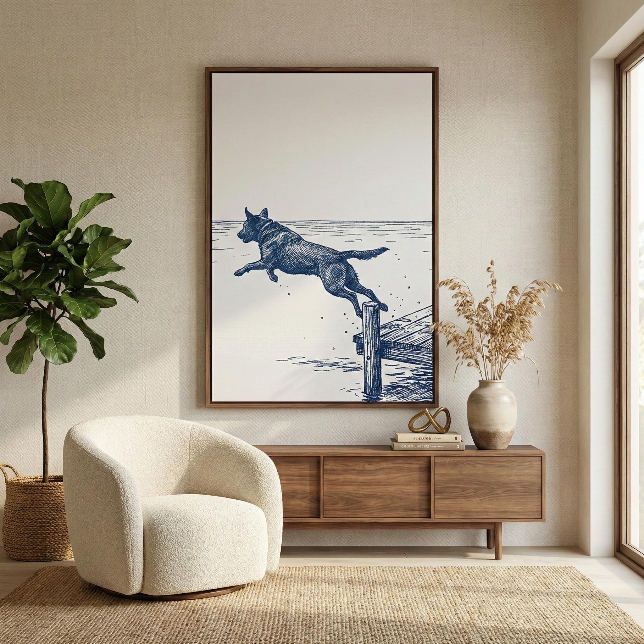 Lake House Dog Art, Blue Ink Sketch, Dock Scene (Print or Canvas)