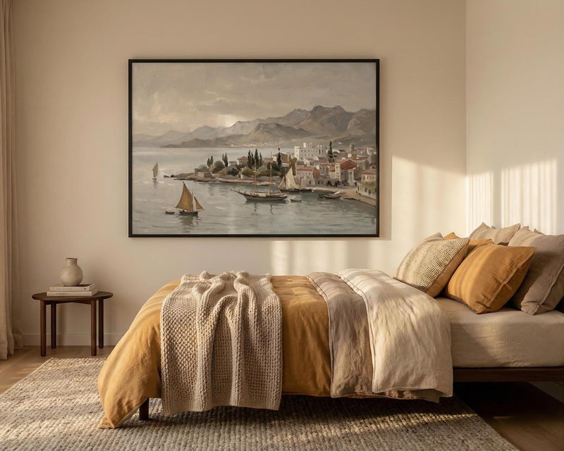 Vintage Seaside Village Painting, Coastal Wall Art, Neutral Mediterranean Print, Sailboat Decor