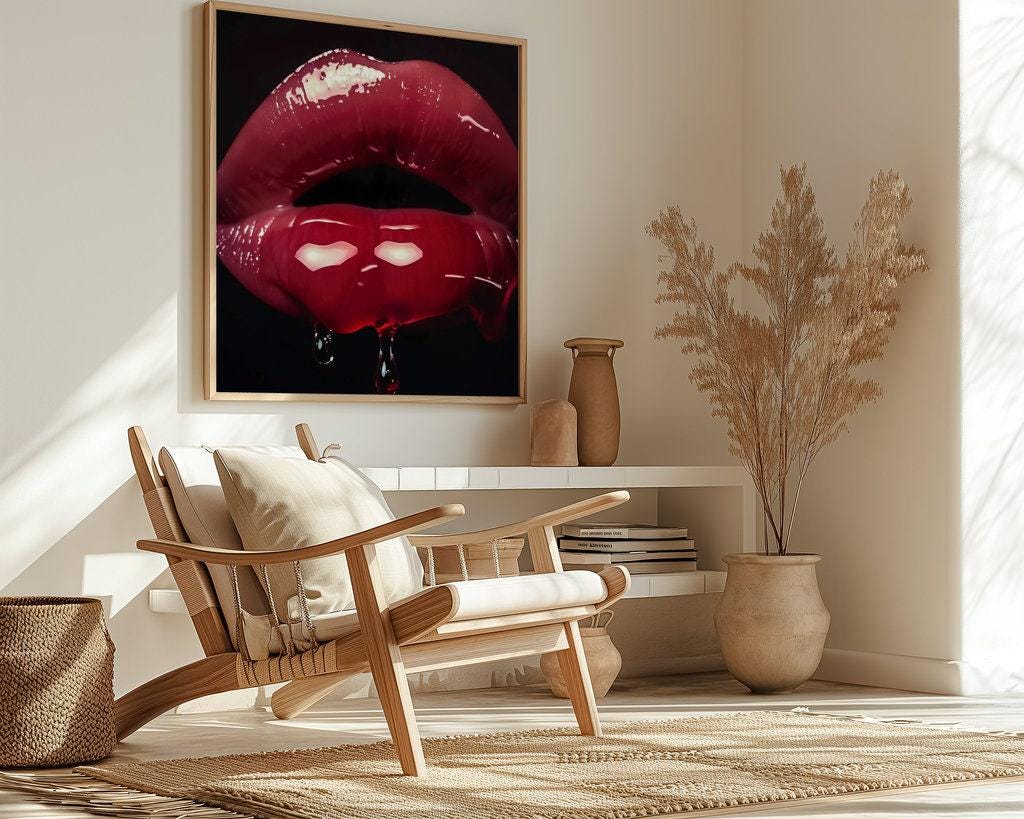 Crimson Whisper: Hyperrealistic Red Lips Art | Modern, Glamorous & Seductive Wall Decor