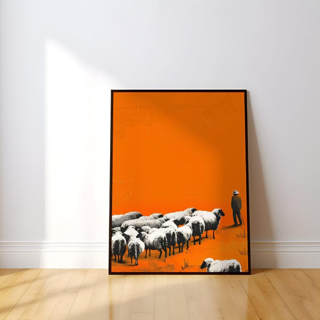 The Shepherd: Minimalist Street Art Style Print | Orange & Black Landscape Decor