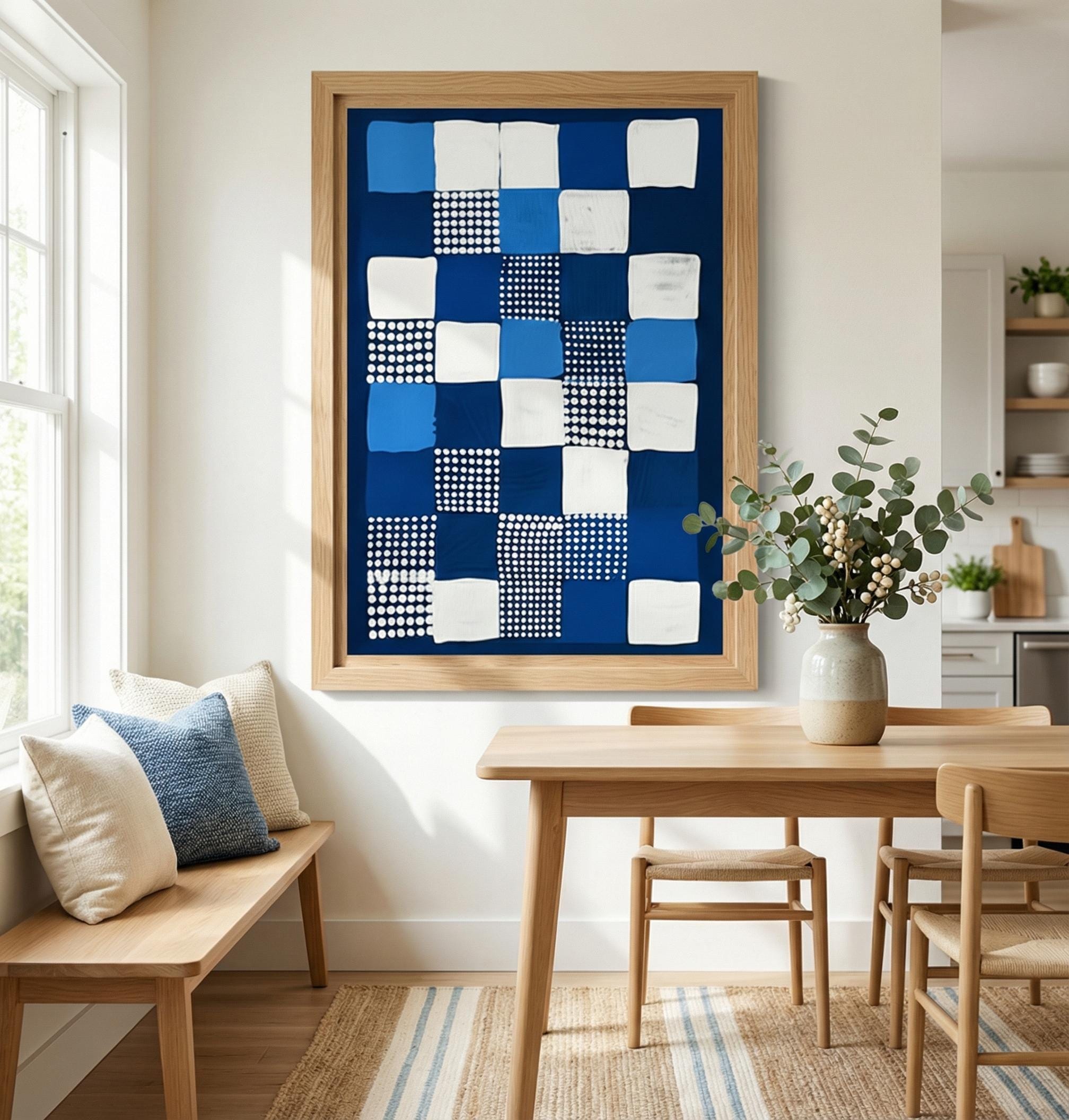 Modern Geometric Canvas Art, Persian Blue and White (Multiple Sizes)