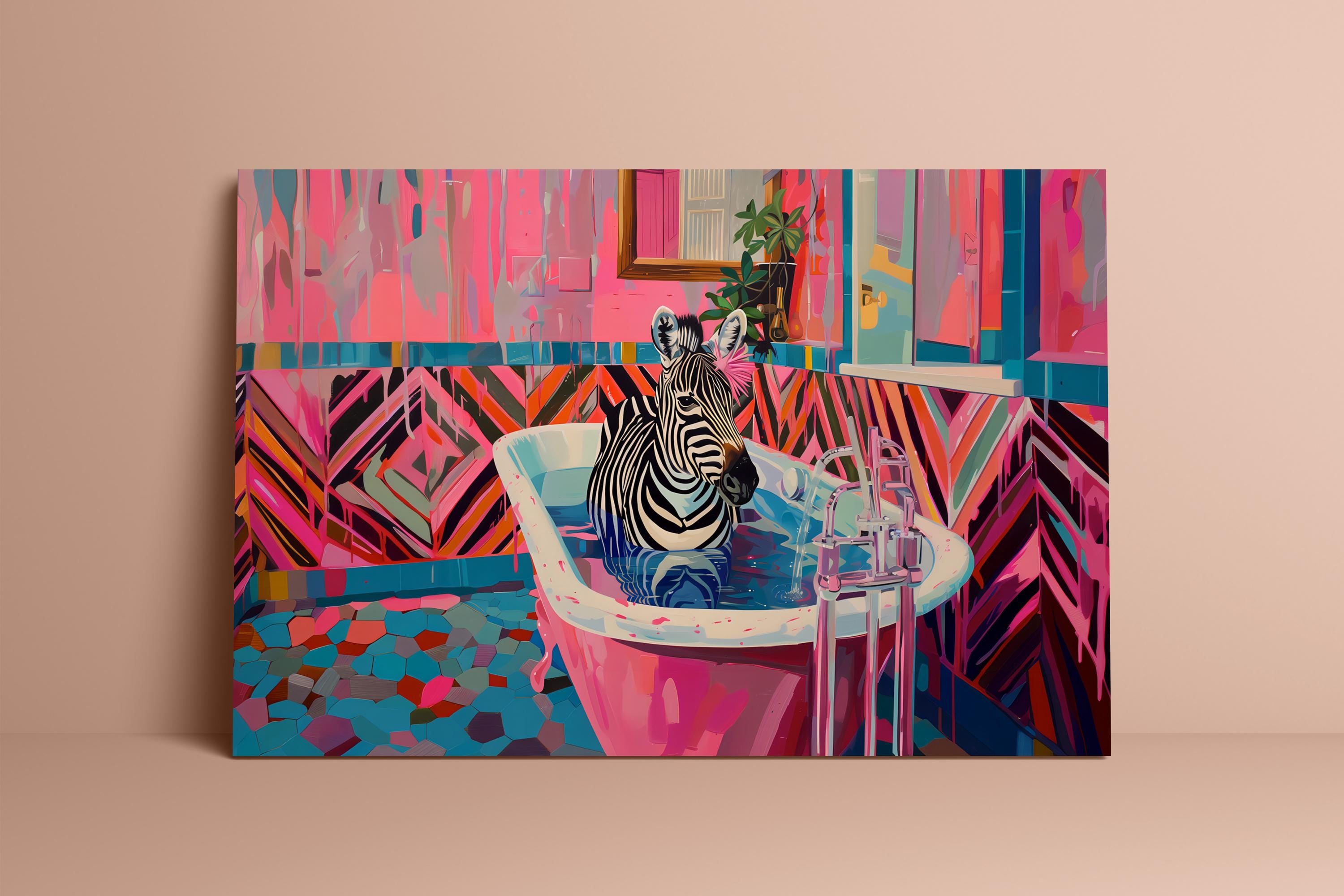 The Eccentric Bather: Chic Zebra in Pink Bathtub Art | Maximalist & Preppy Bathroom Decor