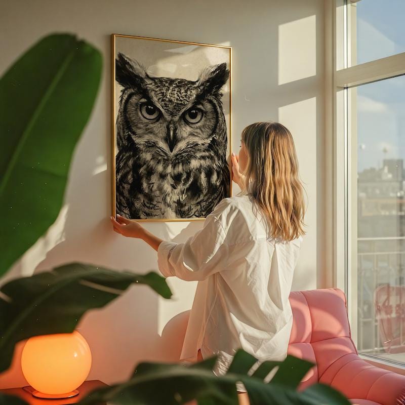 Great Horned Owl Wall Art: Rustic Charcoal Sketch - Nature Inspired