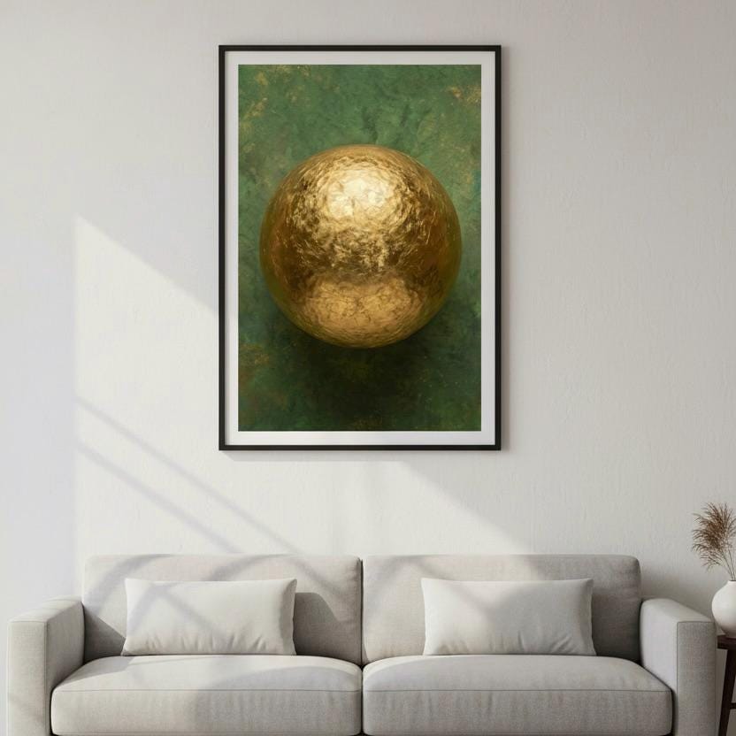 a large, gold-colored sphere hanging on a white wall above a gray couch with two white pillows.
