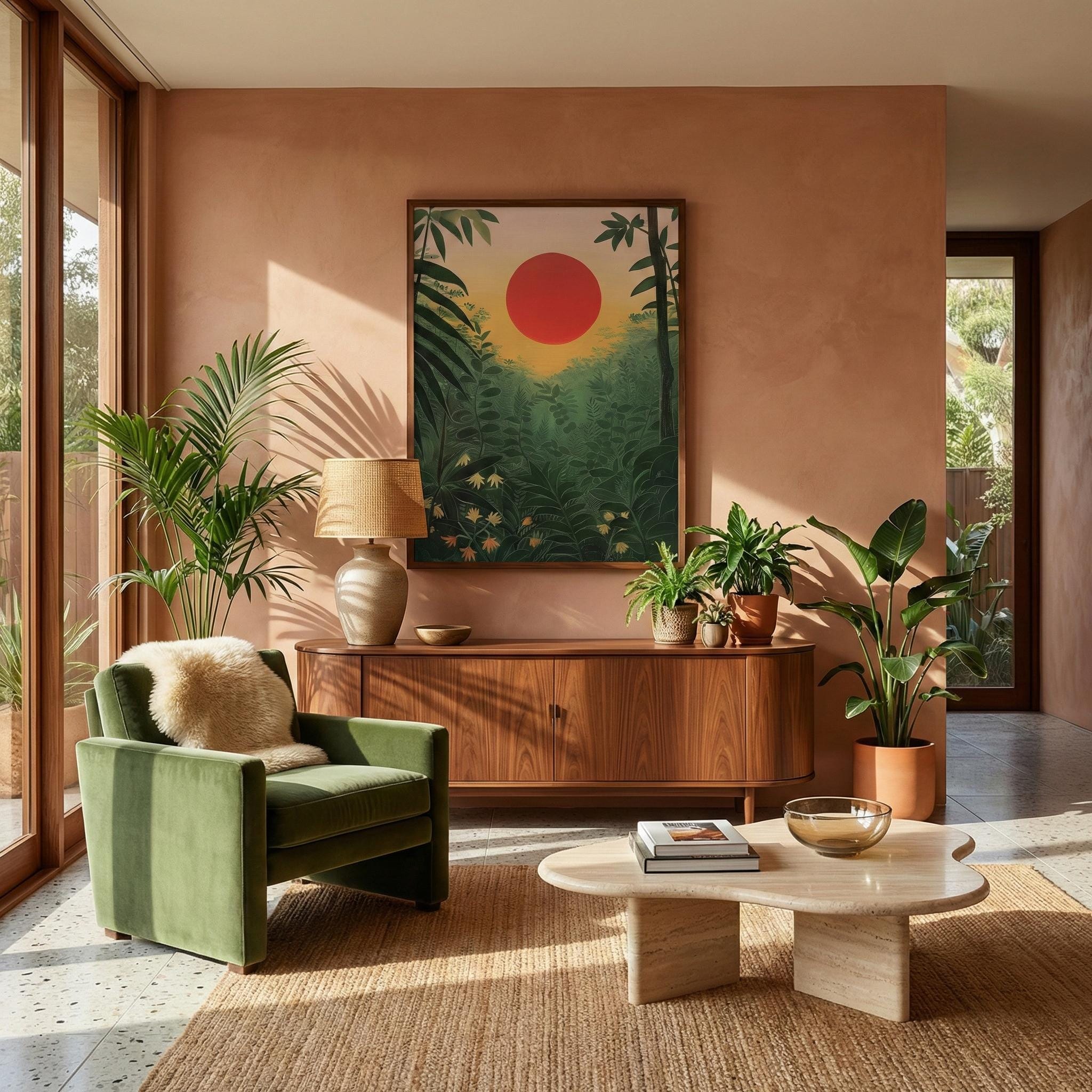 Tropical Forest Print: Red Sun Sunrise Landscape (Canvas or Framed)