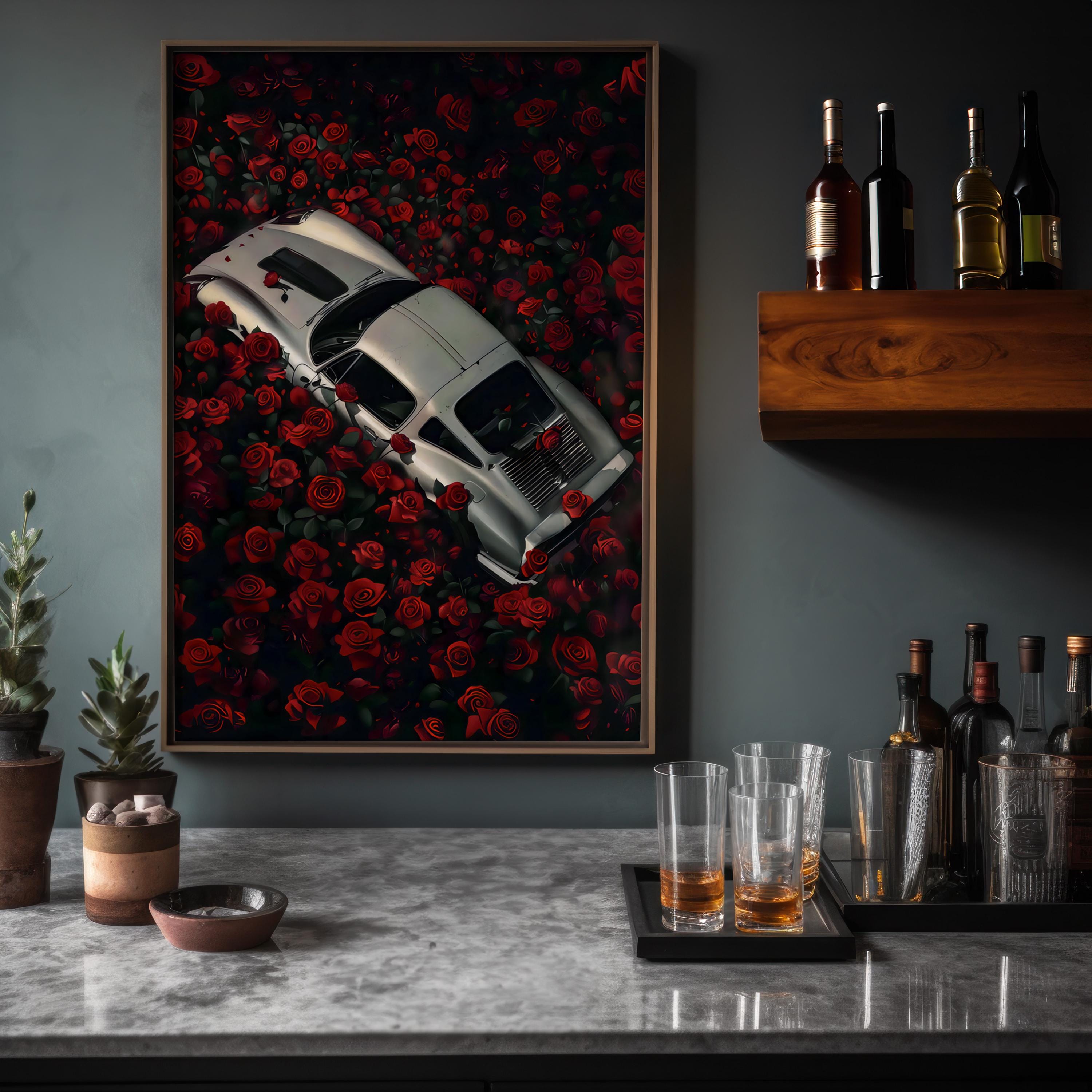 The Last Love Affair: Moody Vintage Car & Red Roses Art | Dark, Romantic & Cinematic Decor