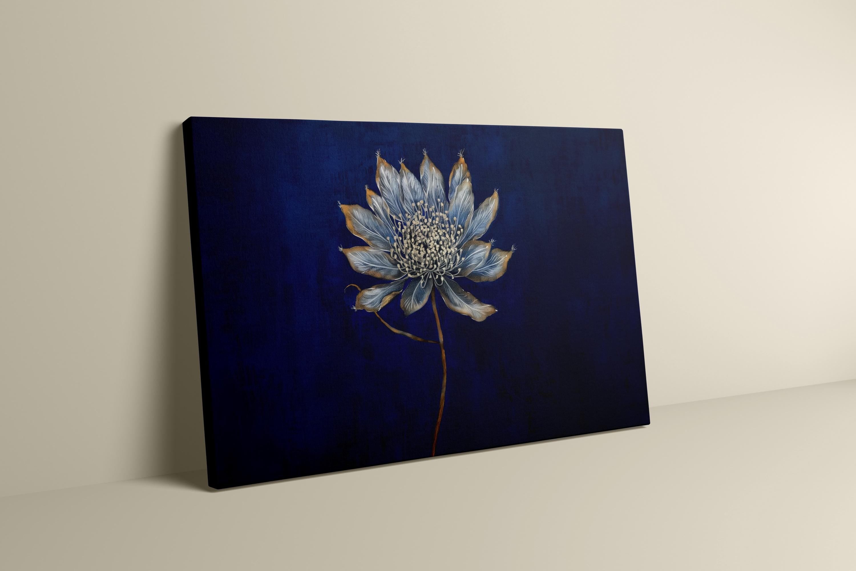 Modern Minimalist Flower: Elegant Gray & White Botanical Art | Deep Blue Wall Decor