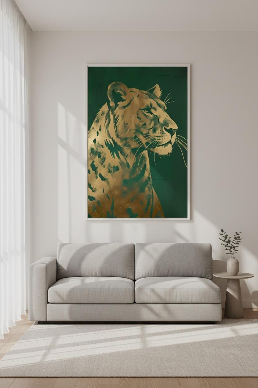 Art Deco Lion Print - Gold Foil Wildlife Wall Art | Regal Green Decor