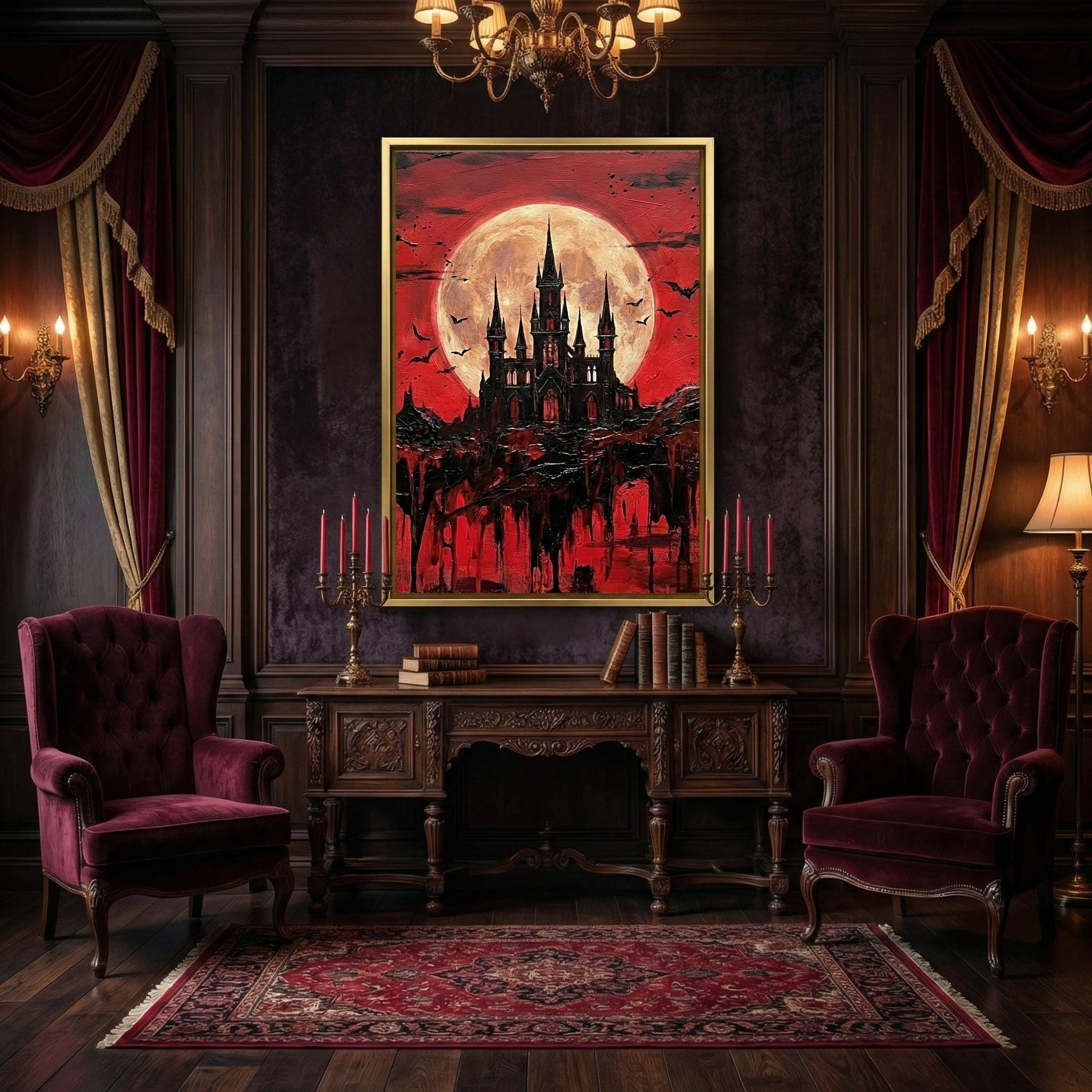 Castle Wall Art: Blood Moon Scene - Gothic Dark Fantasy Decor