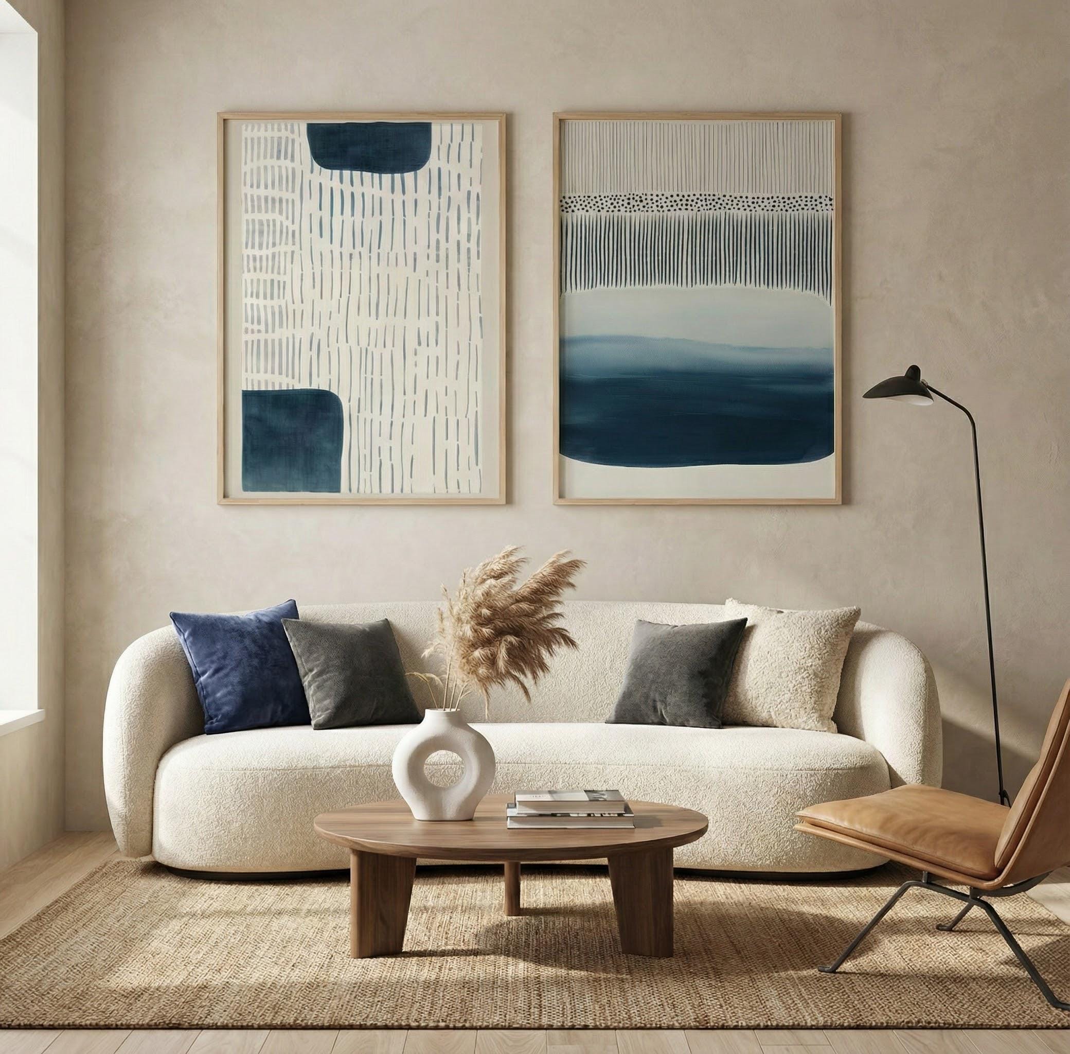 Abstract Wall Art Set: Navy Blue Indigo Watercolor - Japandi Style