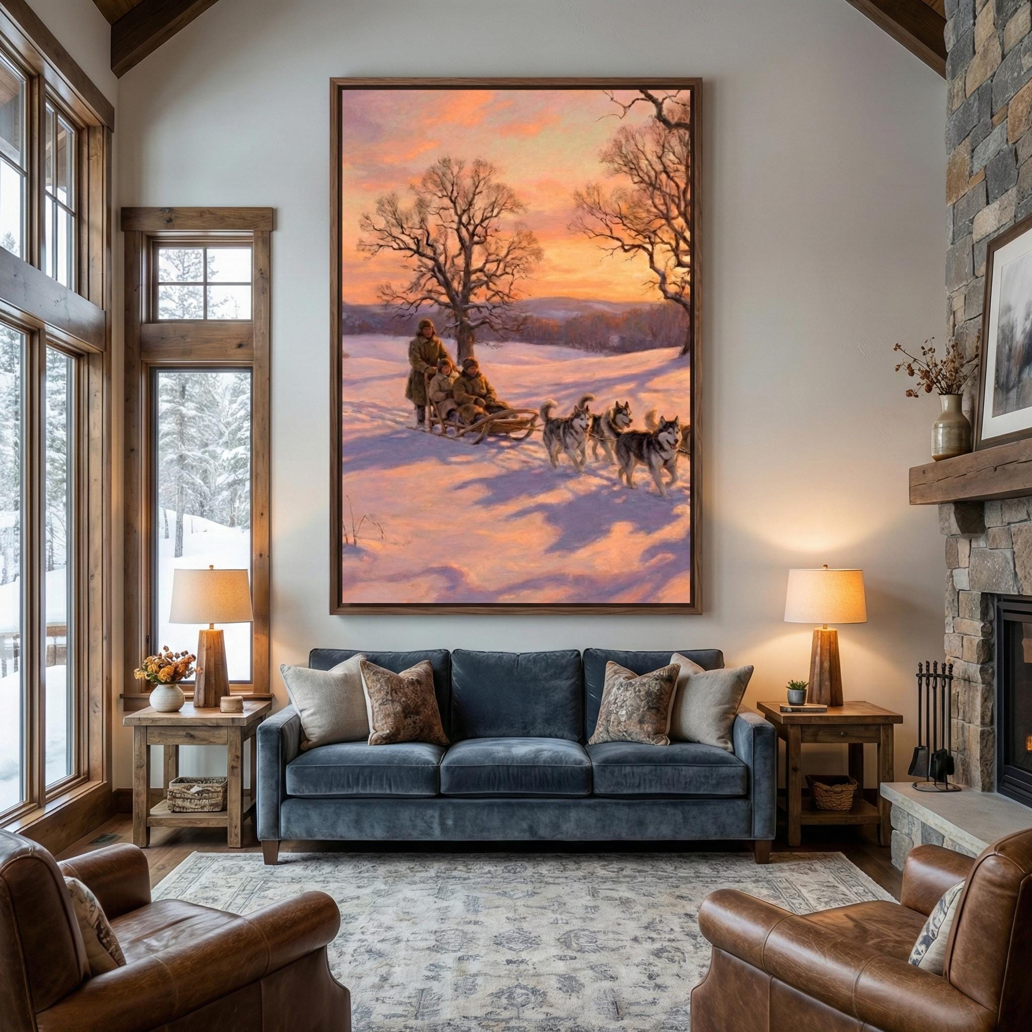 Winter Sledding Art: Husky Team in Snow (Canvas or Paper Prints)