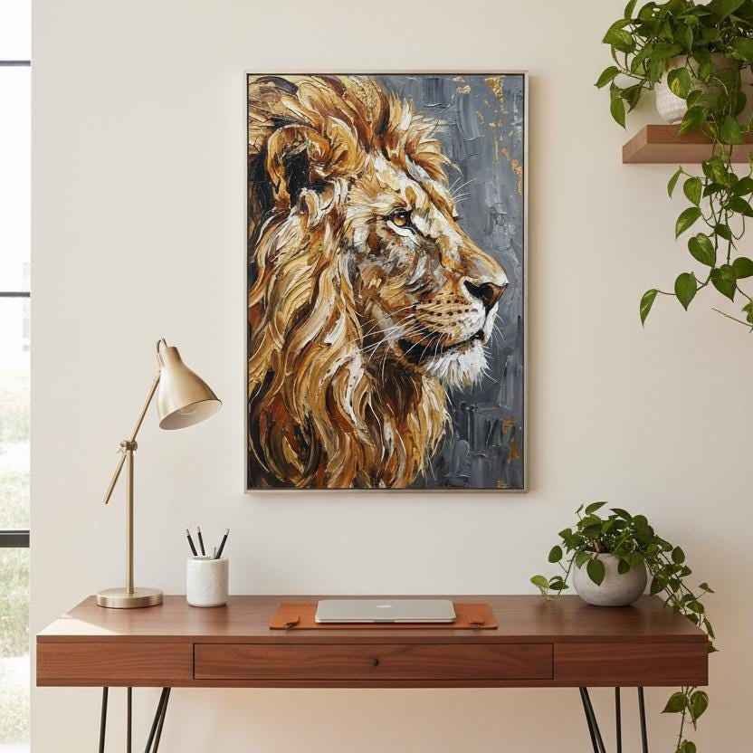 a wooden desk with a laptop, a lamp, and a framed painting of a lion's head on the wall above it.