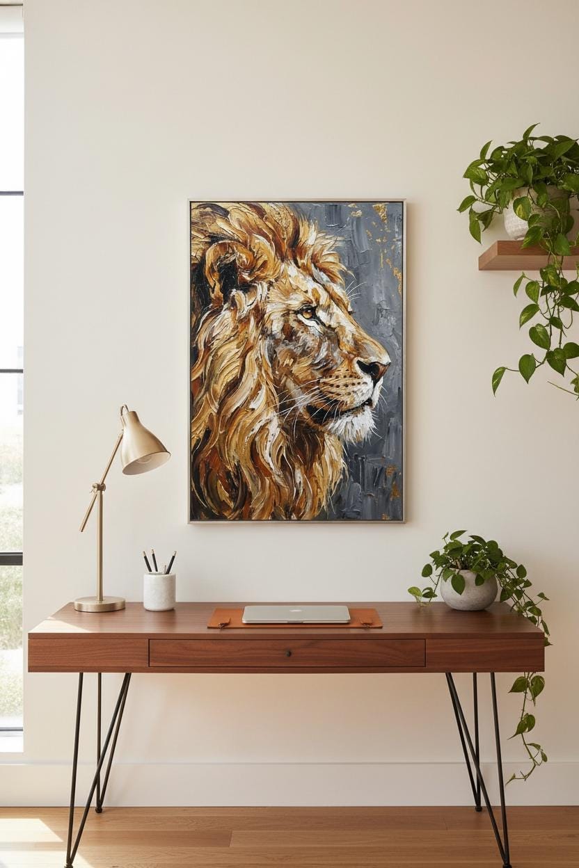 a wooden desk with a laptop, a lamp, and a framed painting of a lion's head on the wall above it.