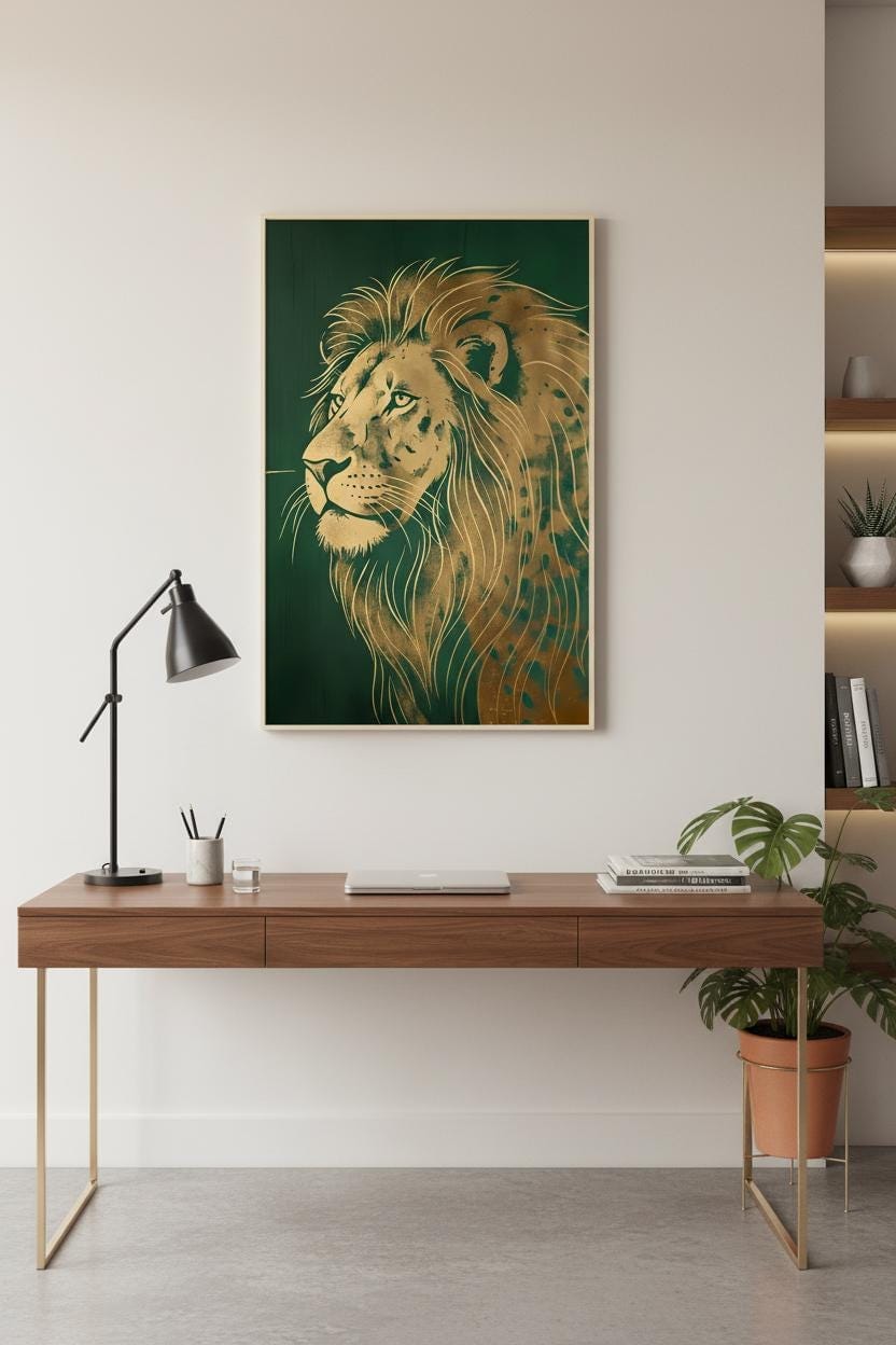 Art Deco Lion Print – Gold Foil Wall Art With Regal Green Decor & Metallic Accents