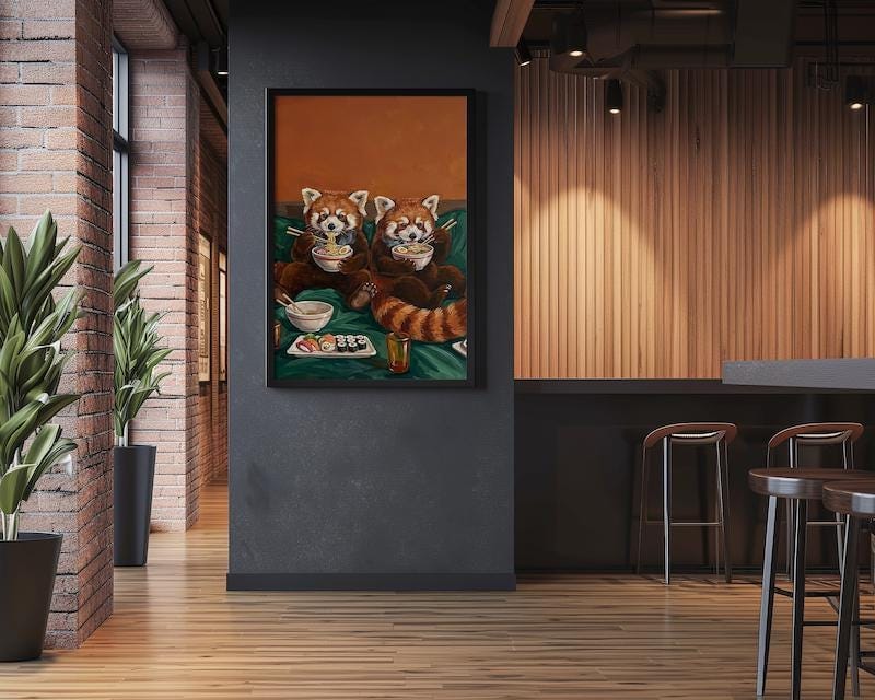 Funny Red Panda Wall Art: Cute Sushi Date - Cozy Kitchen Decor