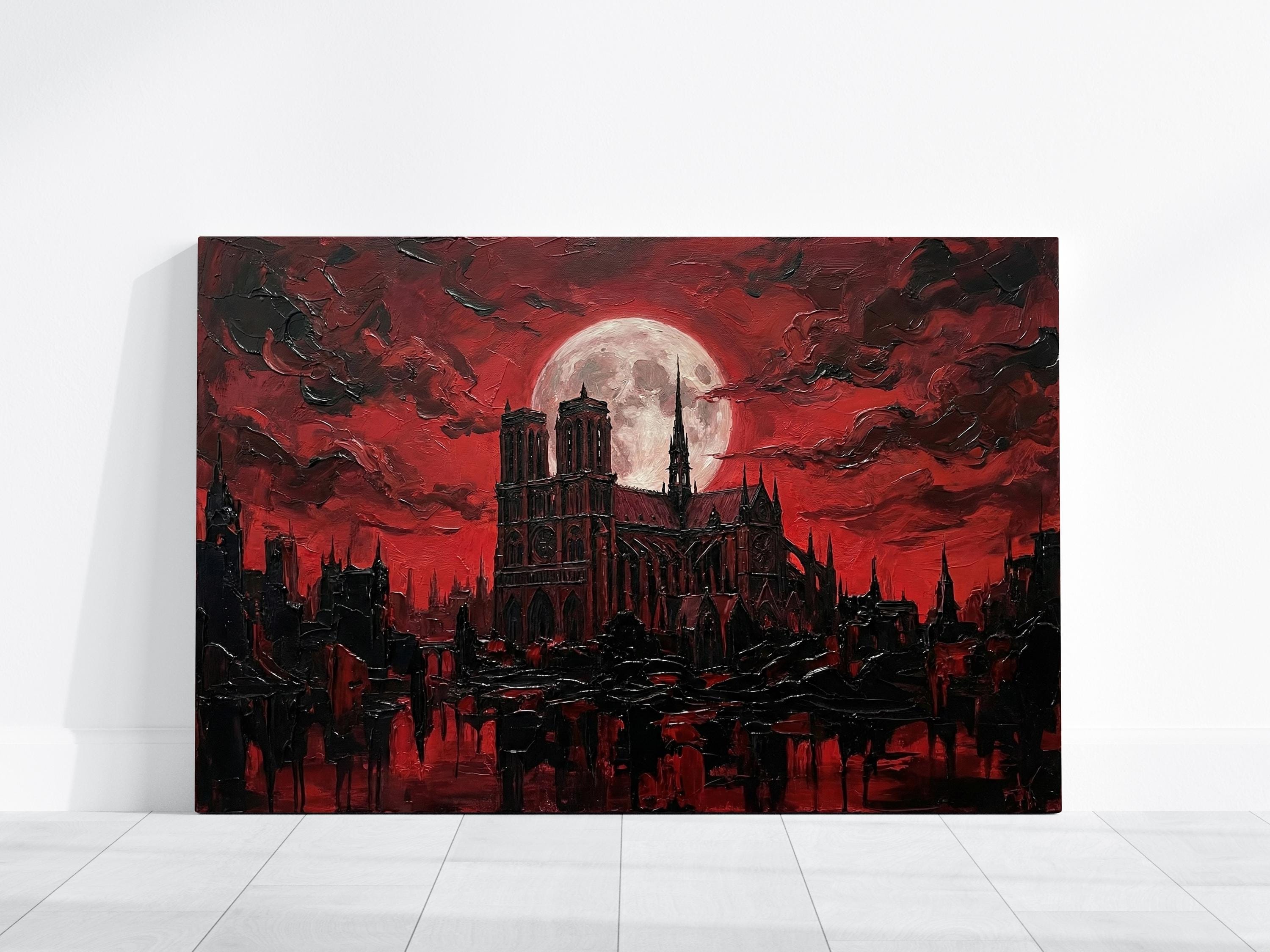 Gothic Cathedral Canvas Print, Blood Moon Cityscape (Dark Fantasy Decor)