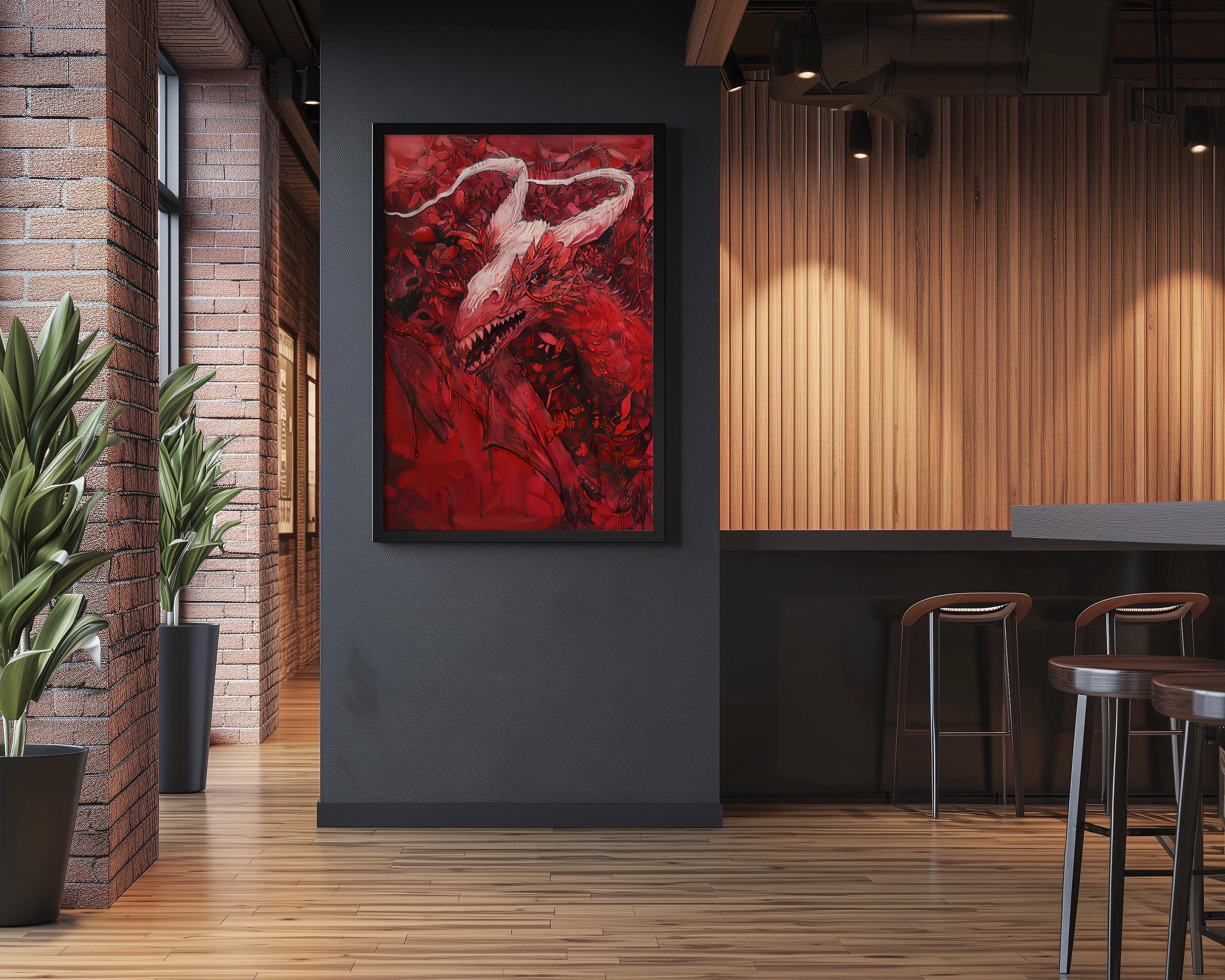 The Crimson Chimera: Red Mystical Creature Art | Dark Fantasy & Mythical Wall Decor