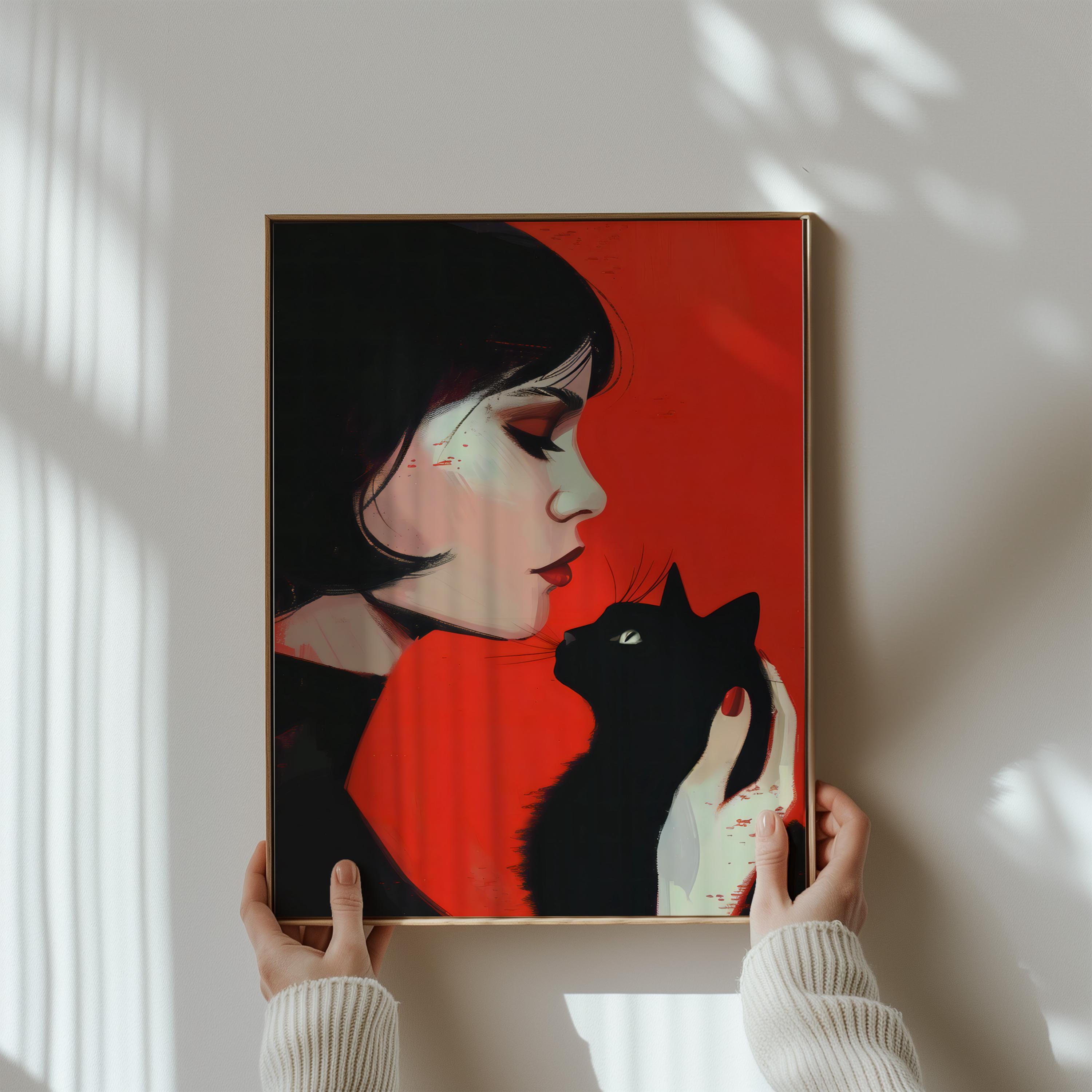 The Familiar: Woman and Black Cat Portrait | Moody, Modern & Evocative Wall Art